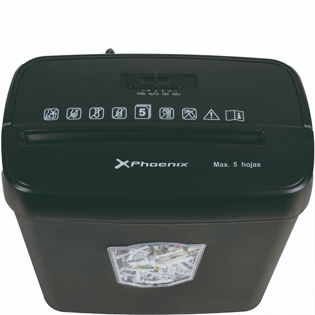 Destructora de papel negra con botones de control. Se ve la marca 'XPhoenix'.