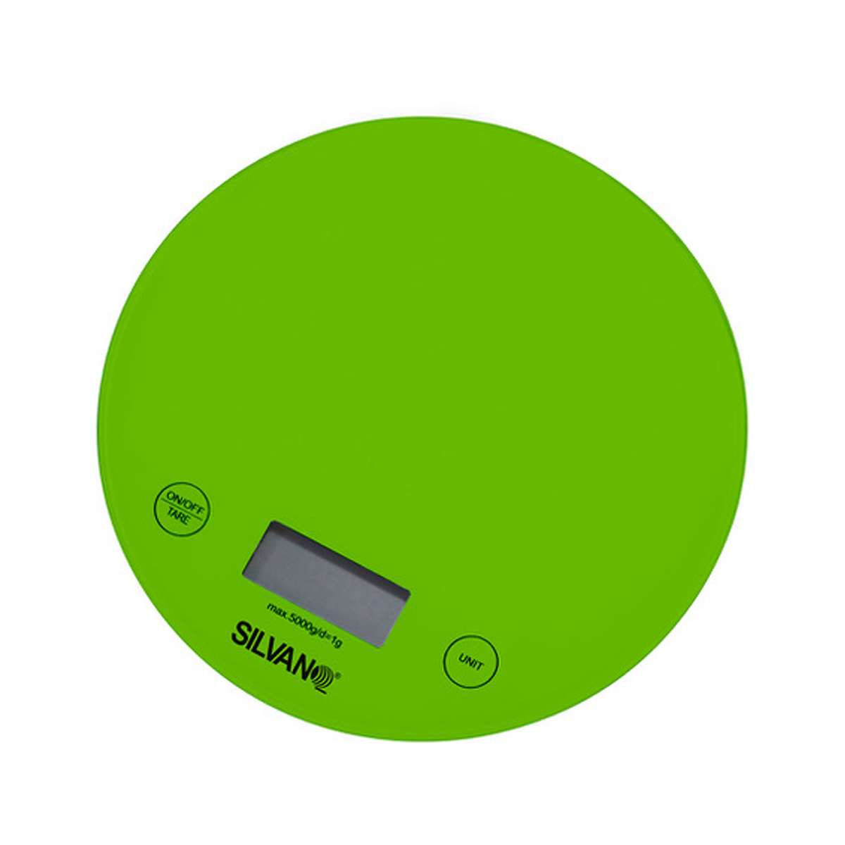 Una báscula de cocina digital redonda verde con botones de encendido/apagado y unidad.