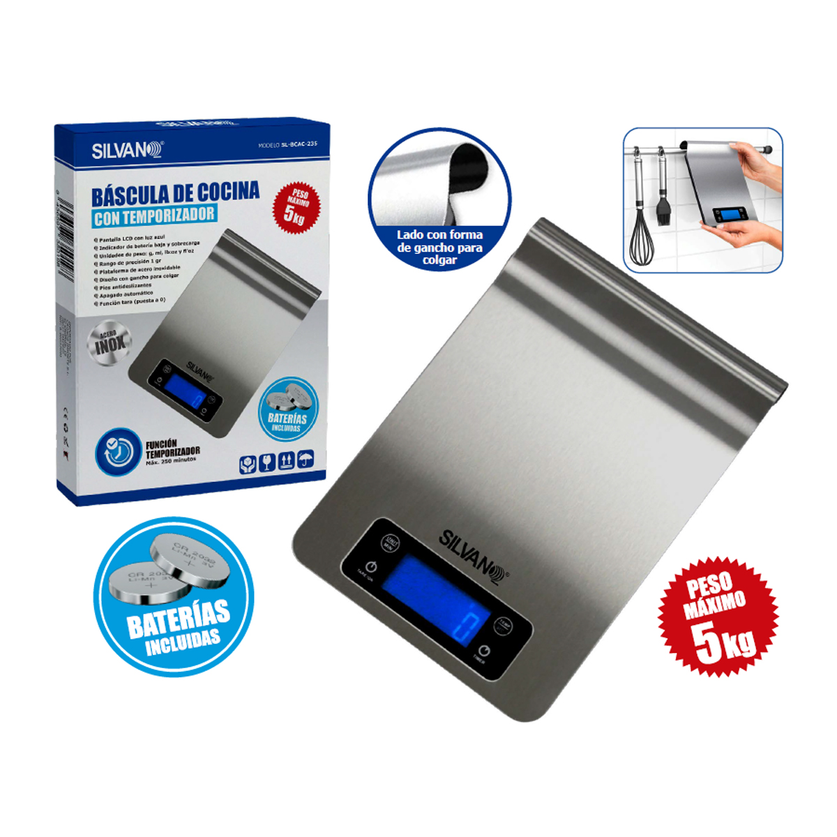 Una báscula de cocina plateada con pantalla digital y una caja. La báscula tiene un peso máximo de 5 kg.