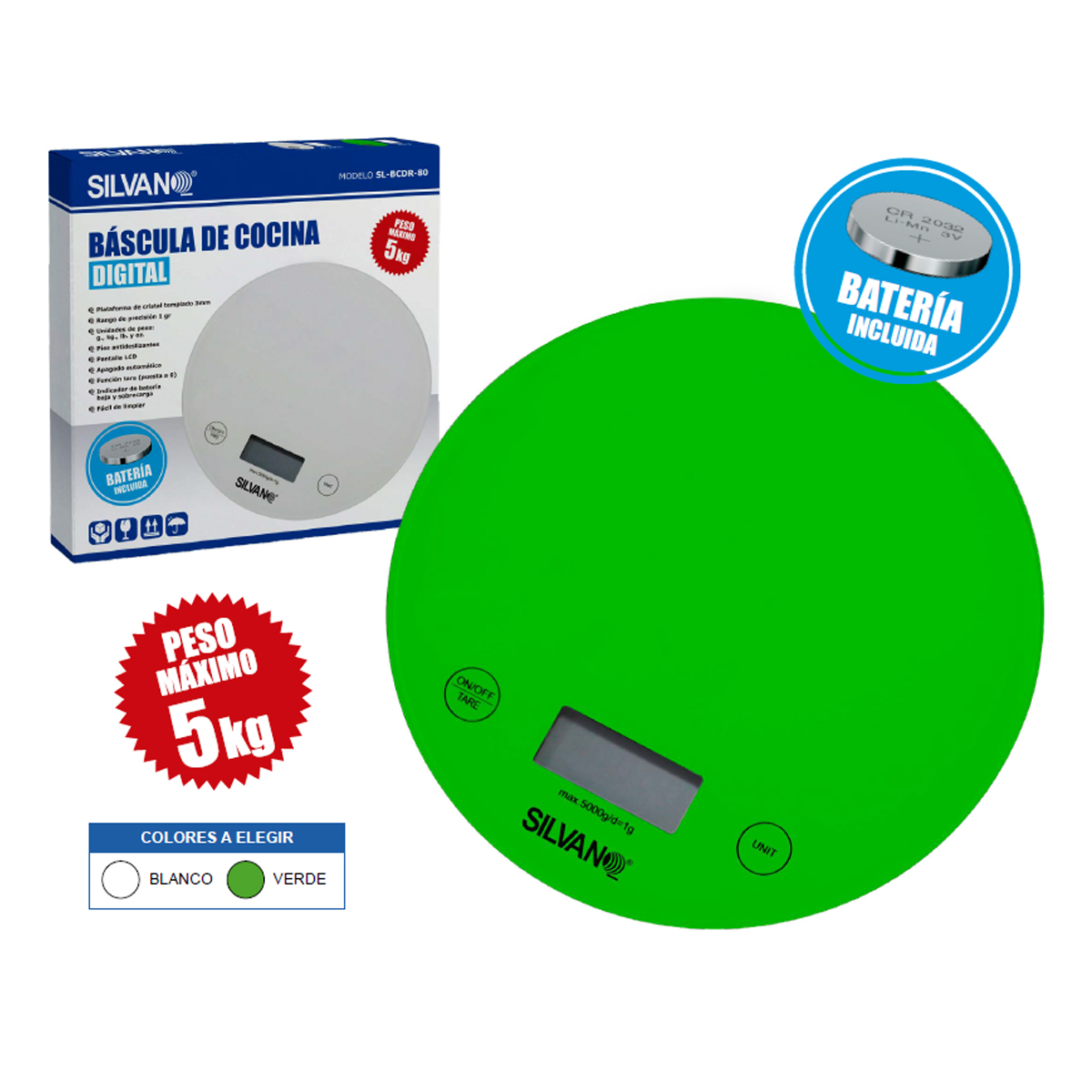 Una báscula de cocina verde con pantalla digital y una caja que muestra la báscula.