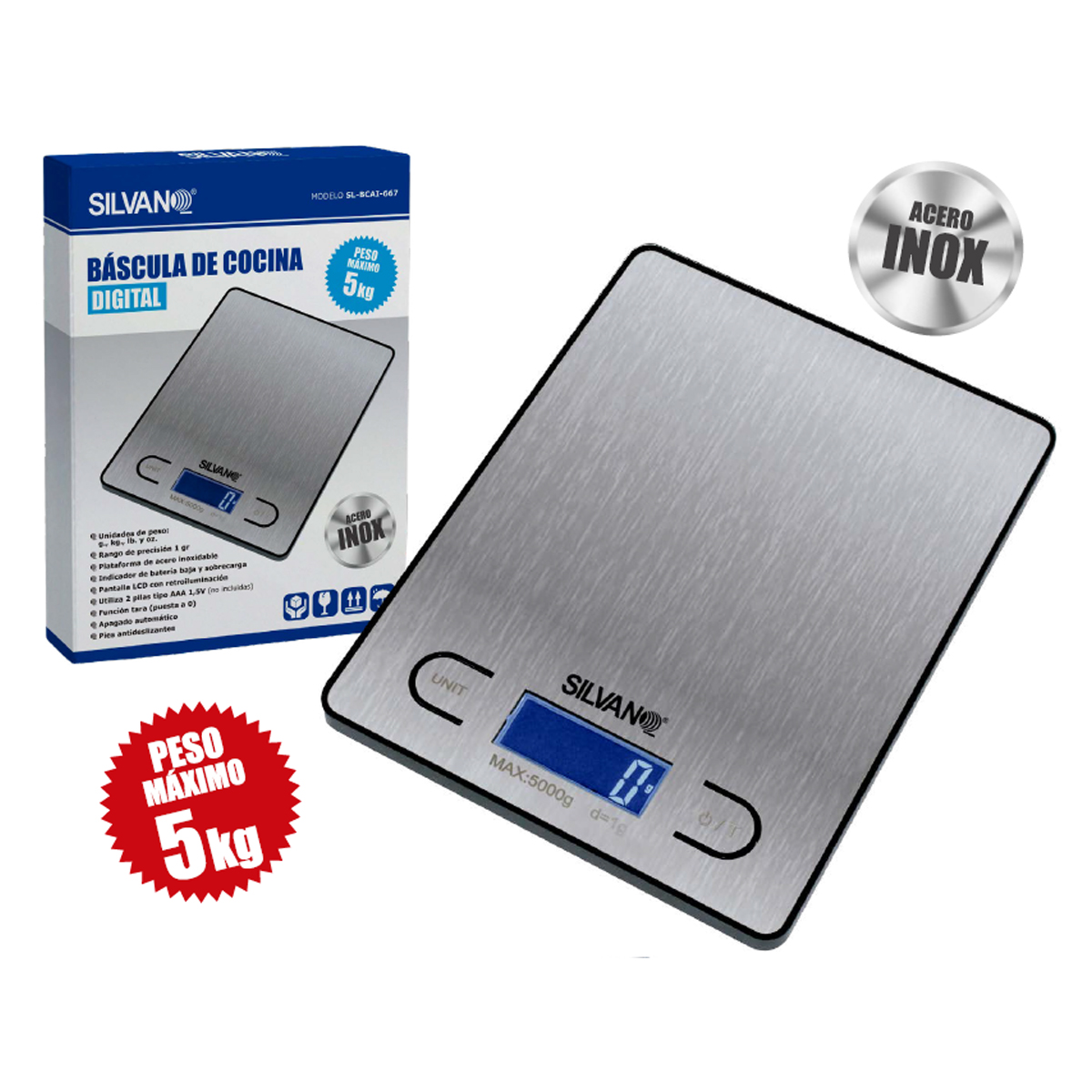 Una báscula de cocina digital de acero inoxidable con pantalla y botones, con una caja al lado.