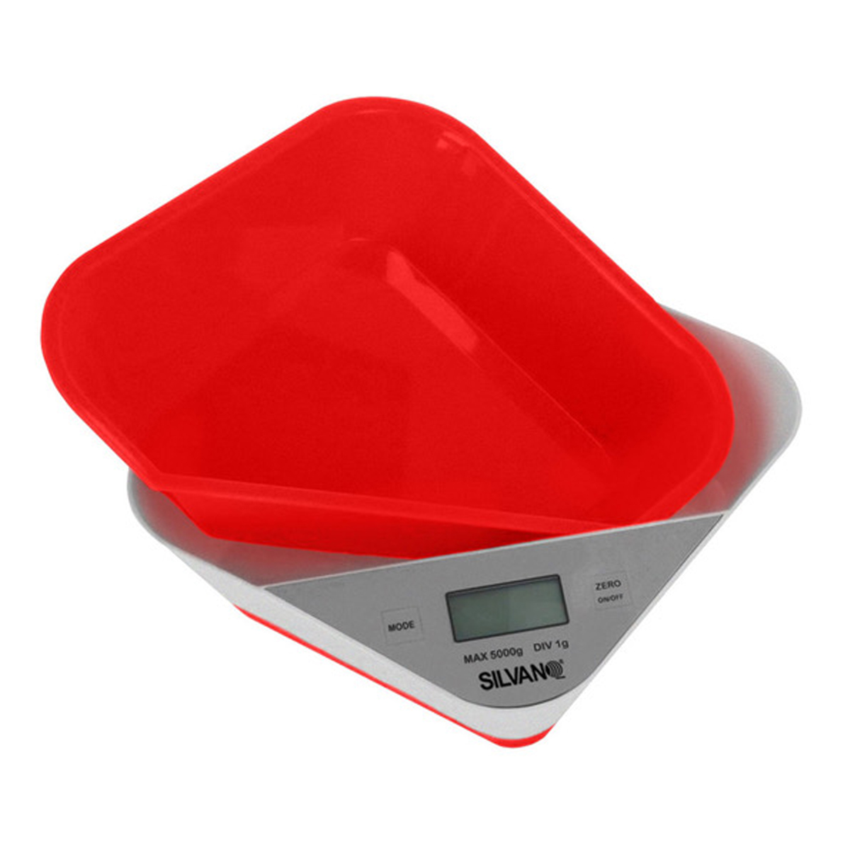Un recipiente cuadrado rojo sobre una báscula blanca y gris. La báscula tiene una pantalla que dice MAX 5000g DIV 1g.