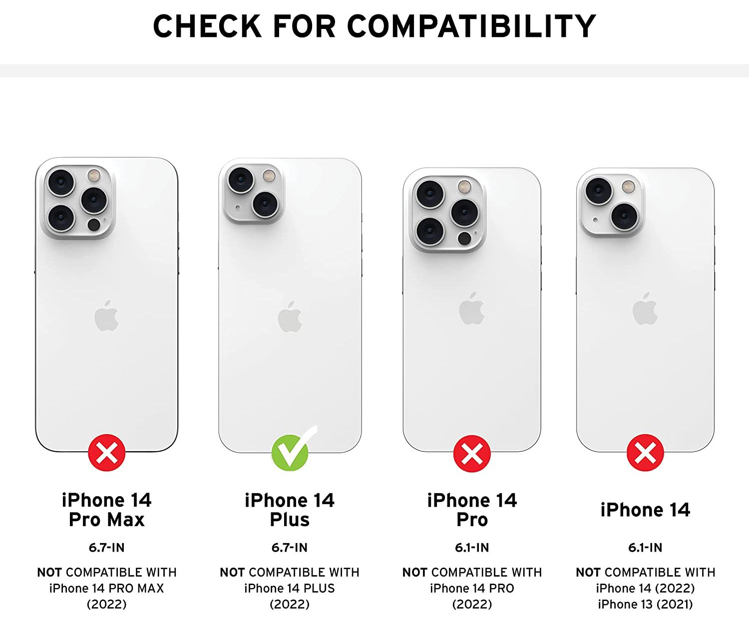 Vier Telefonrückseiten, die die Kompatibilität für das iPhone 14 Plus anzeigen, nicht jedoch für Pro oder Pro Max.