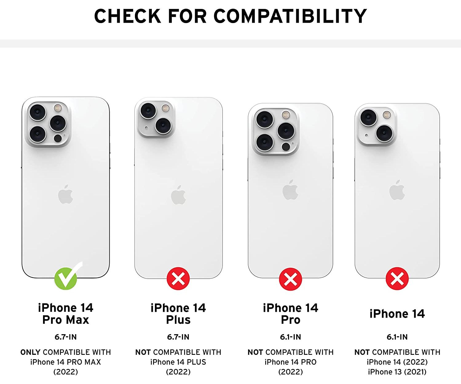 Vergleichstabelle mit iPhone-Modellen und ihrer Kompatibilität mit einer Hülle. Grüner Haken für Pro Max.