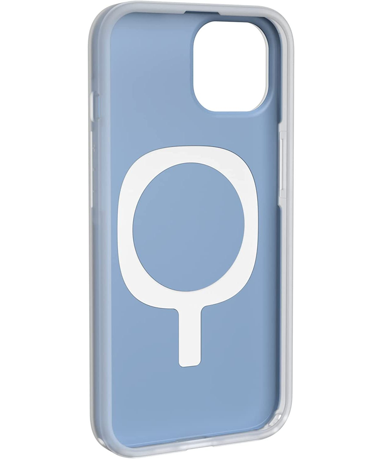 Eine transparente iPhone-Hülle mit blauem Innenfutter und weißem kreisförmigem Design.