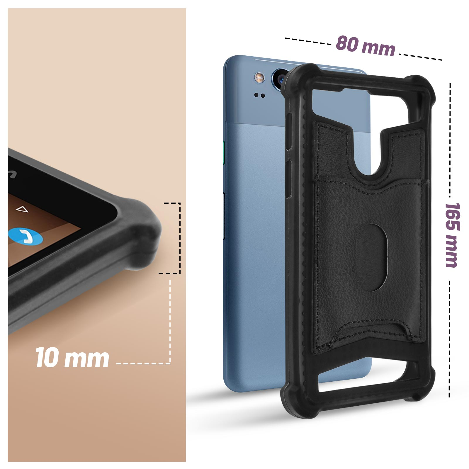 Una custodia per telefono nera con un telefono nero all'interno. Le dimensioni sono indicate sul lato.