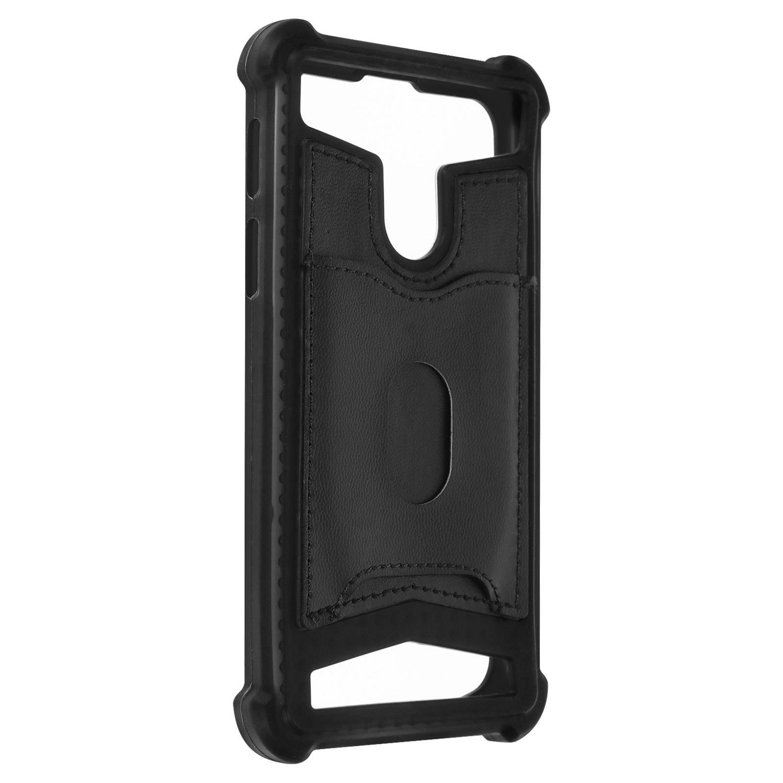 Custodia nera per telefono con porta carte in pelle e bordi robusti.