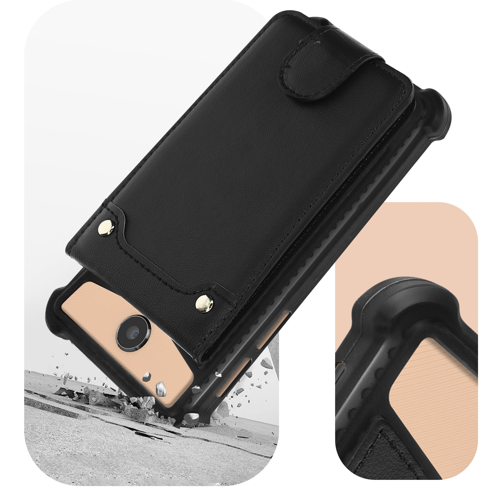 Custodia per telefono con design a portafoglio. Colore nero. Interno ed esterno.
