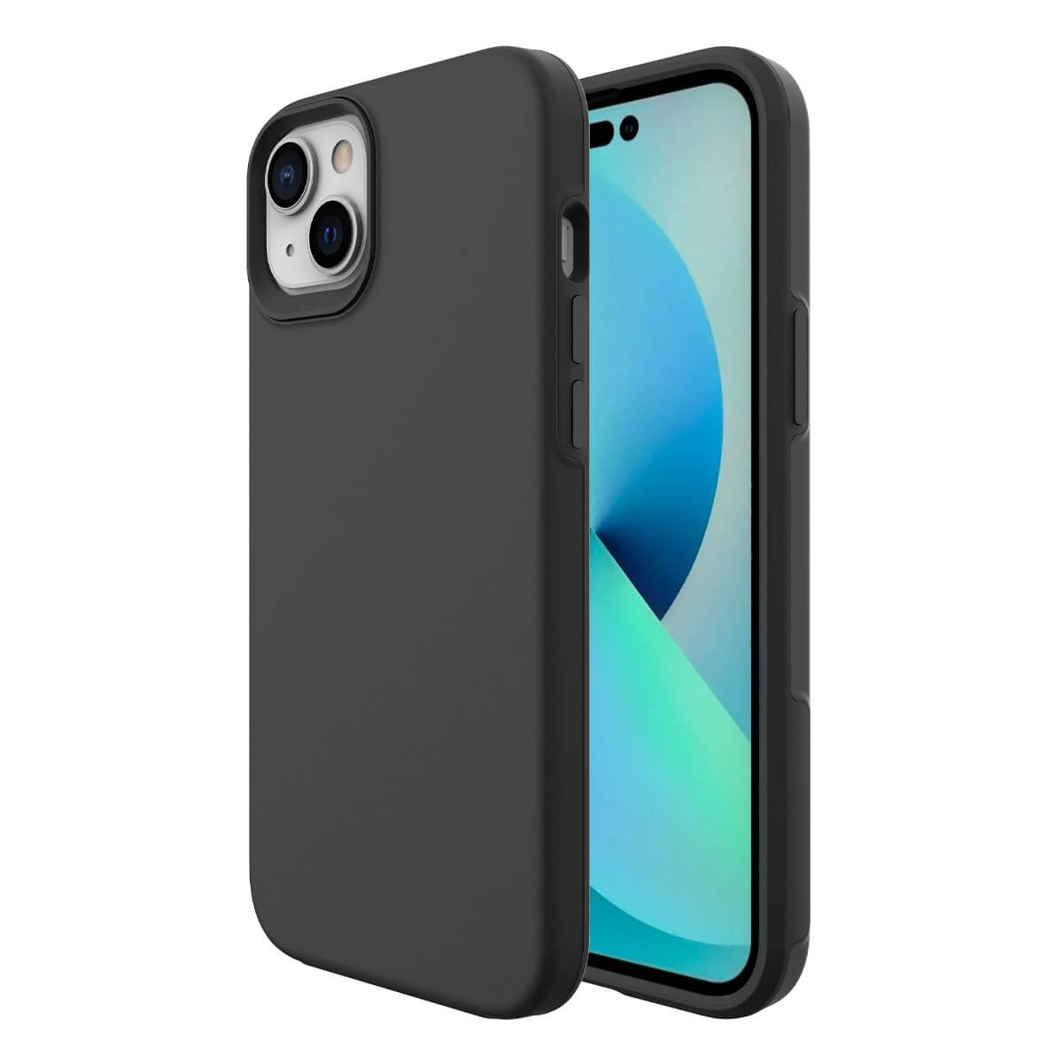 Schwarze Handyhülle, Telefon innen. Das Telefon zeigt den Bildschirm. Hülle hat ein mattes Finish.