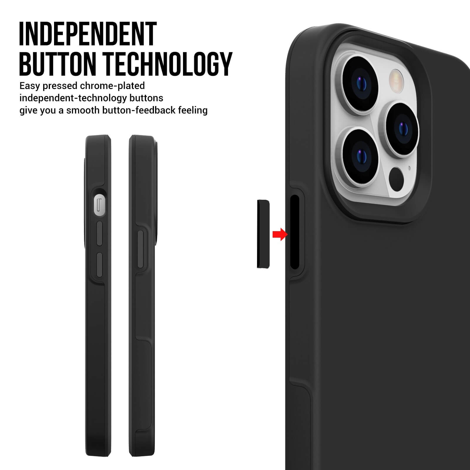 Nahaufnahme einer schwarzen Handyhülle mit Knöpfen. Text lautet 'Independent Button Technology'.