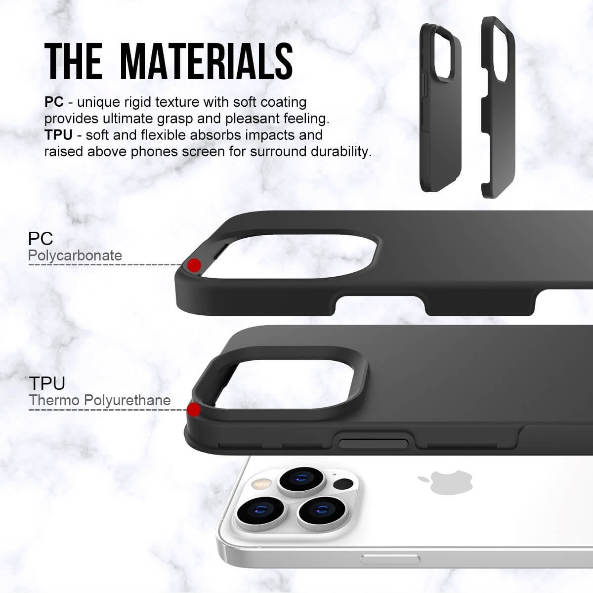 Handyhüllen-Teile, die PC- und TPU-Materialien zeigen. Die Handyhülle befindet sich auf einem weißen Marmorhintergrund.