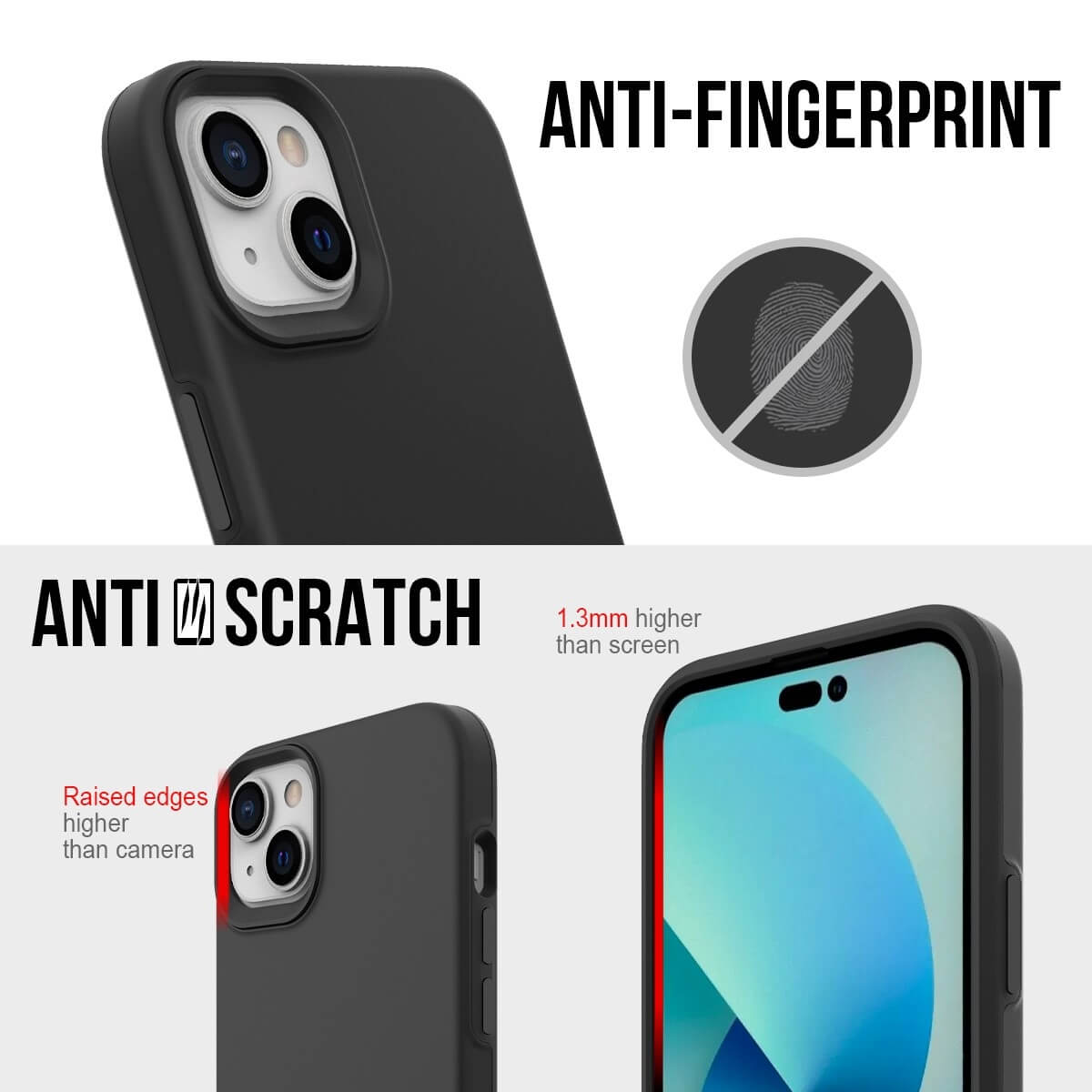 Schwarze iPhone-Hülle. Zeigt Anti-Fingerabdruck- und Anti-Kratz-Eigenschaften. Rote Akzente. Weißer Hintergrund.