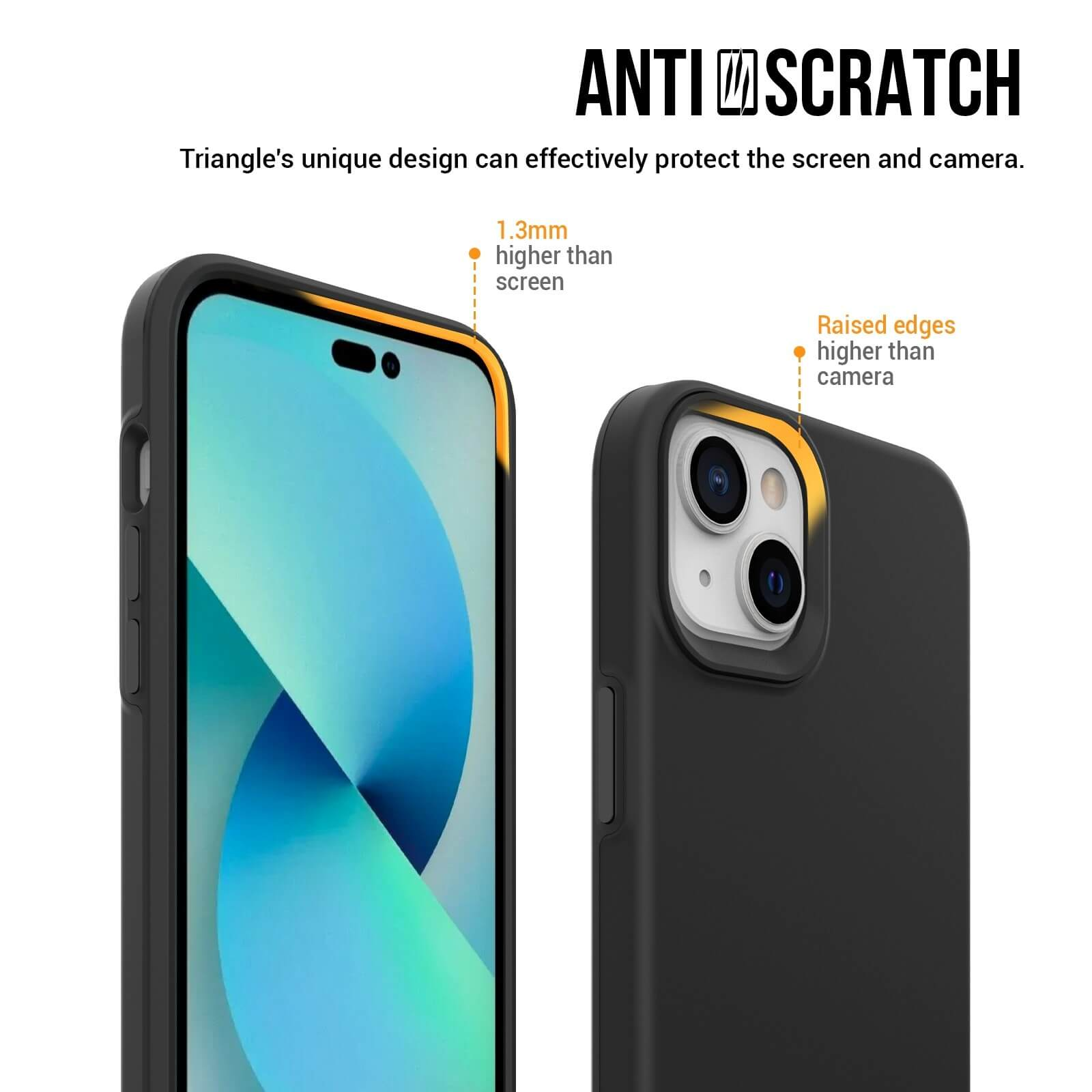 Eine schwarze Handyhülle mit einem Telefon darin. Die Hülle hat erhöhte Kanten, um Bildschirm und Kamera zu schützen.