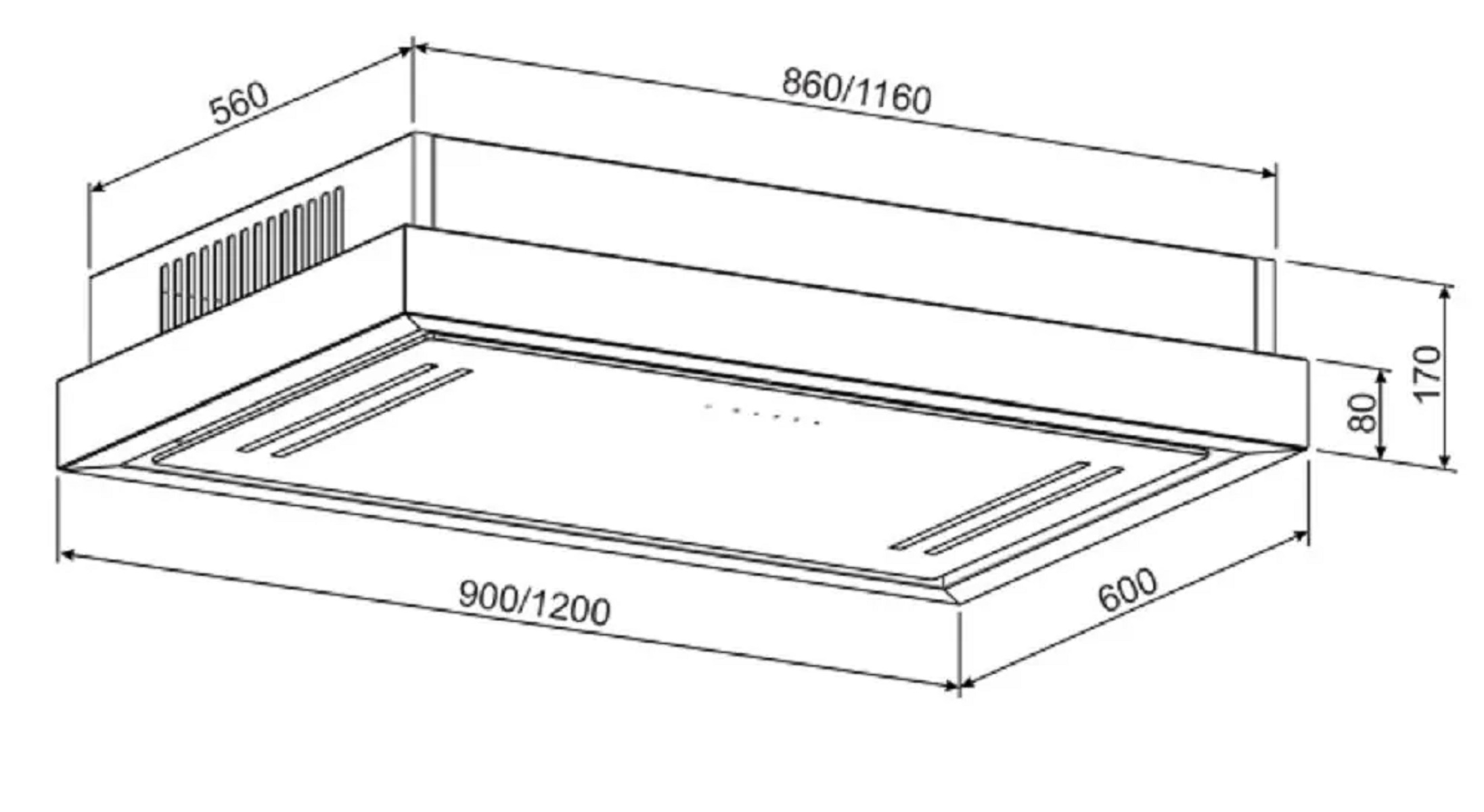 Ein Diagramm einer Dunstabzugshaube mit Abmessungen in Millimetern und Pfeilen, die darauf zeigen.