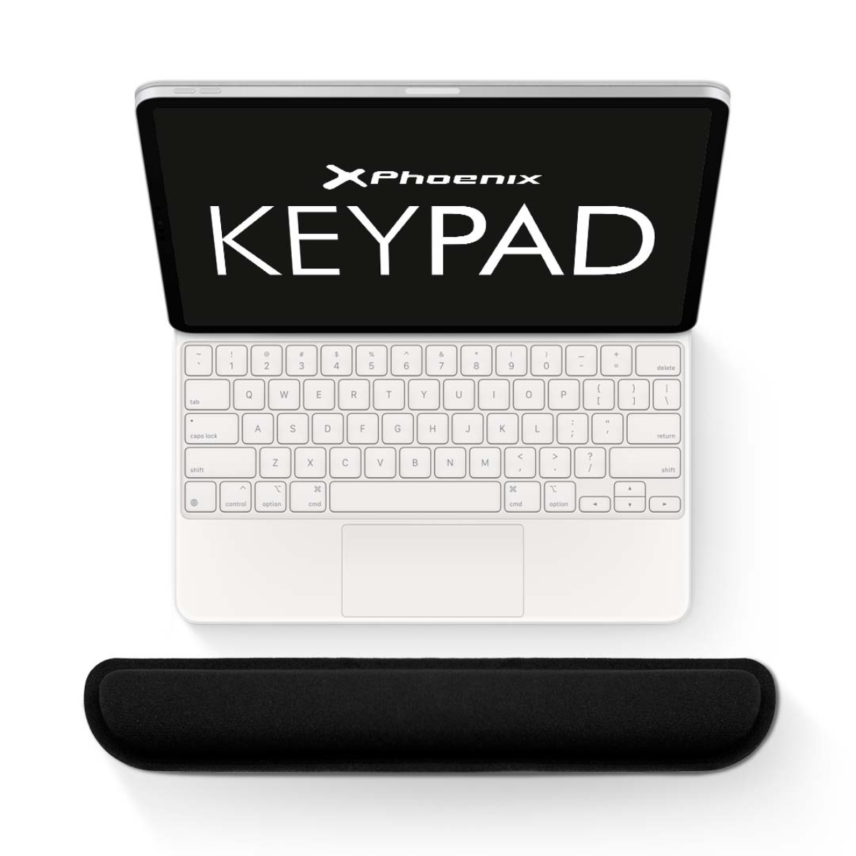 Teclado blanco con reposamuñecas negro. La palabra 'KEYPAD' se muestra en la pantalla.