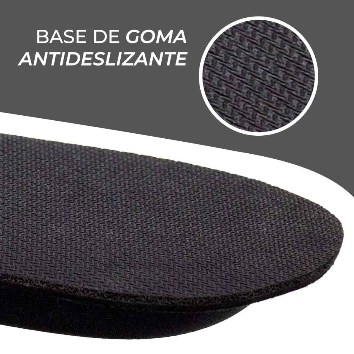 Primer plano de la parte inferior de una plantilla. Es negra y tiene una superficie texturizada.