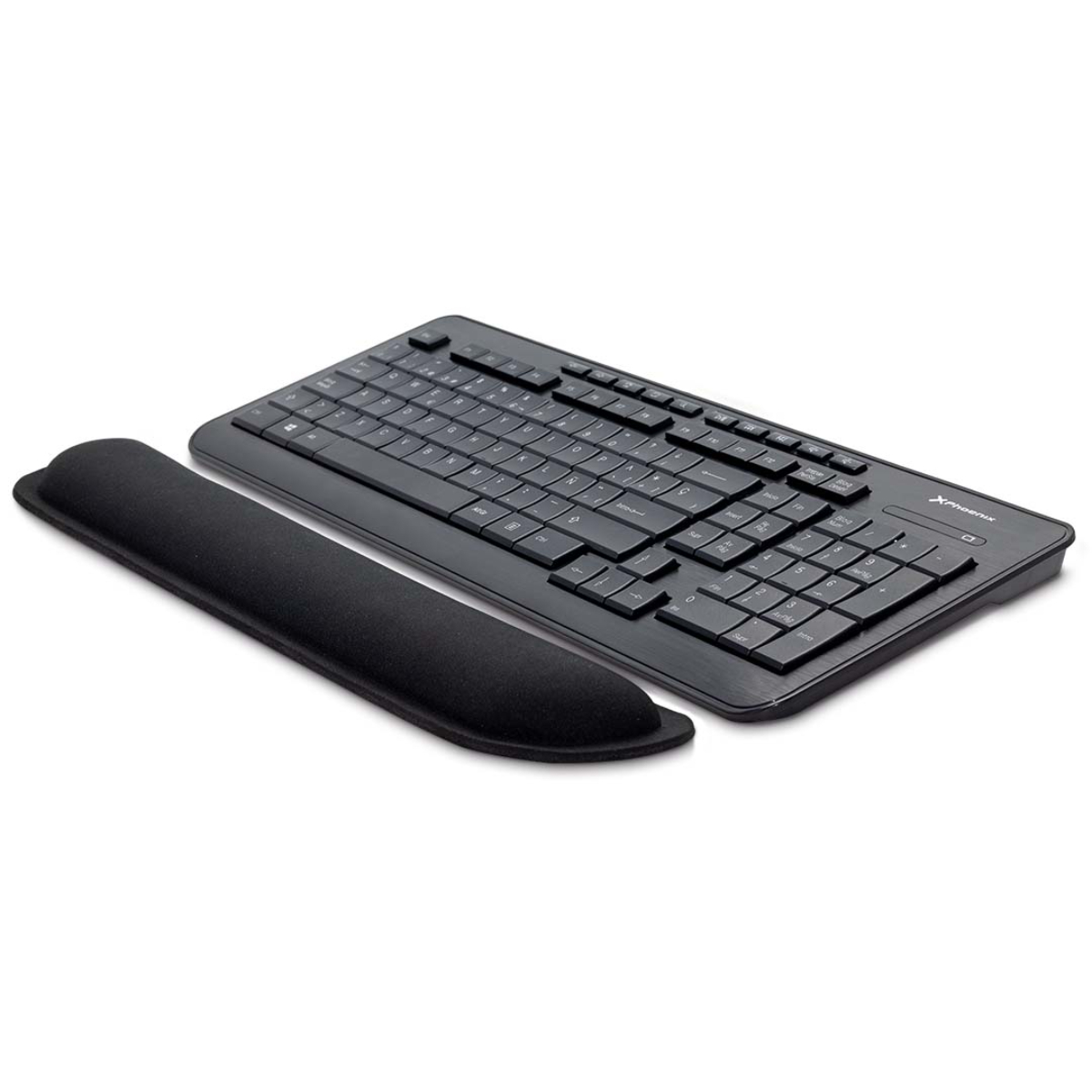 Un teclado negro con reposamuñecas sobre fondo blanco. El teclado está enfocado.