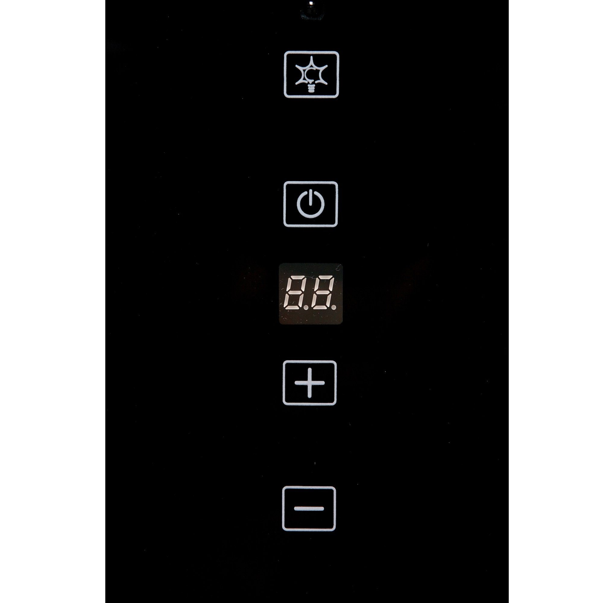 Nahaufnahme eines schwarzen Bedienfelds. Es hat Symbole für Licht, Strom, eine Anzeige, Plus- und Minus-Tasten.