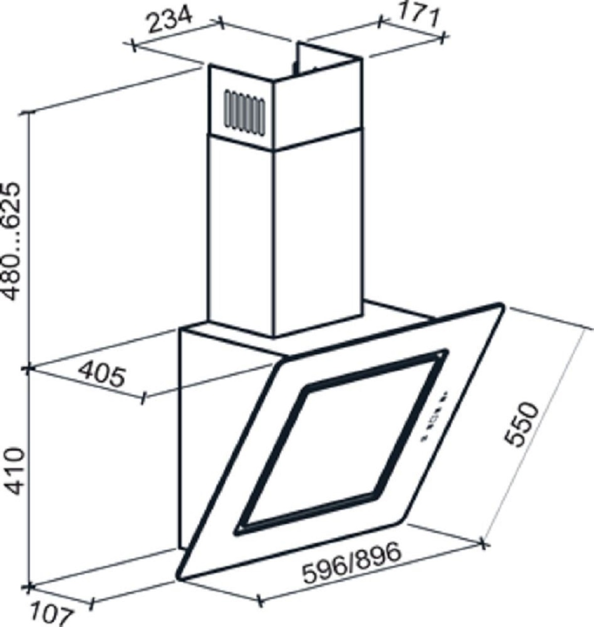 Diagramm einer Küchenhaube mit Abmessungen, in Schwarz und Weiß.