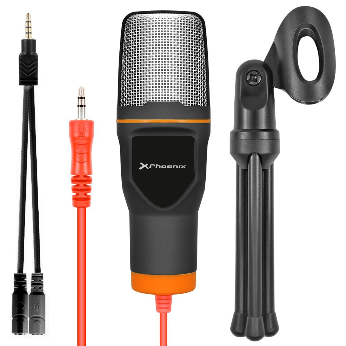 Un micrófono negro y naranja con soporte y dos cables de audio.