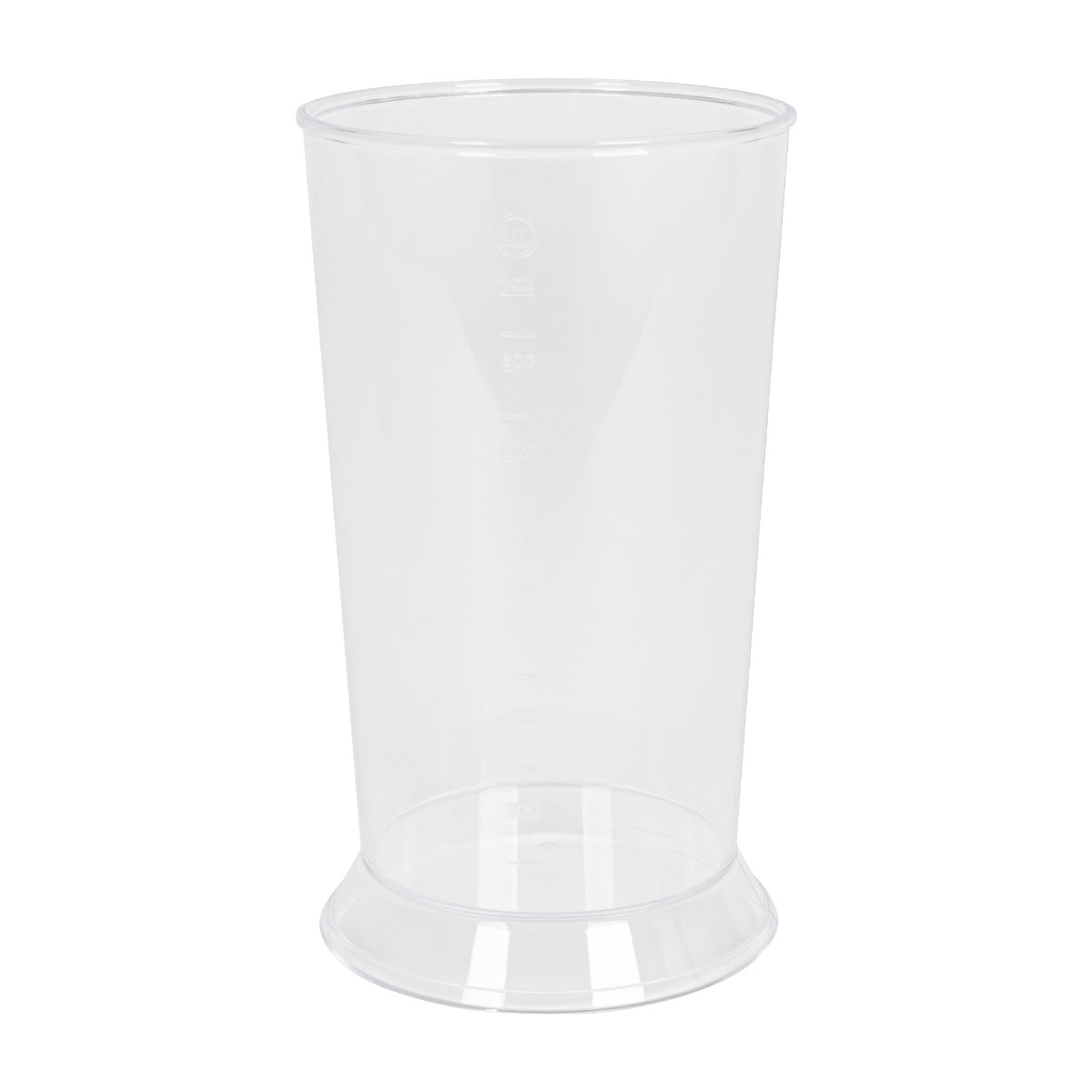 Przezroczysty plastikowy kubek do mieszania, ze znacznikami pomiarowymi, na białej powierzchni, pusty.
