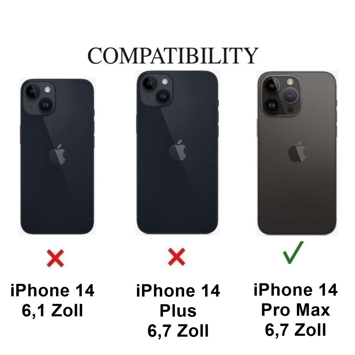 Vergleich der iPhone 14 Modelle. Zwei sind durchgestrichen. Ein iPhone 14 Pro Max mit Häkchen.