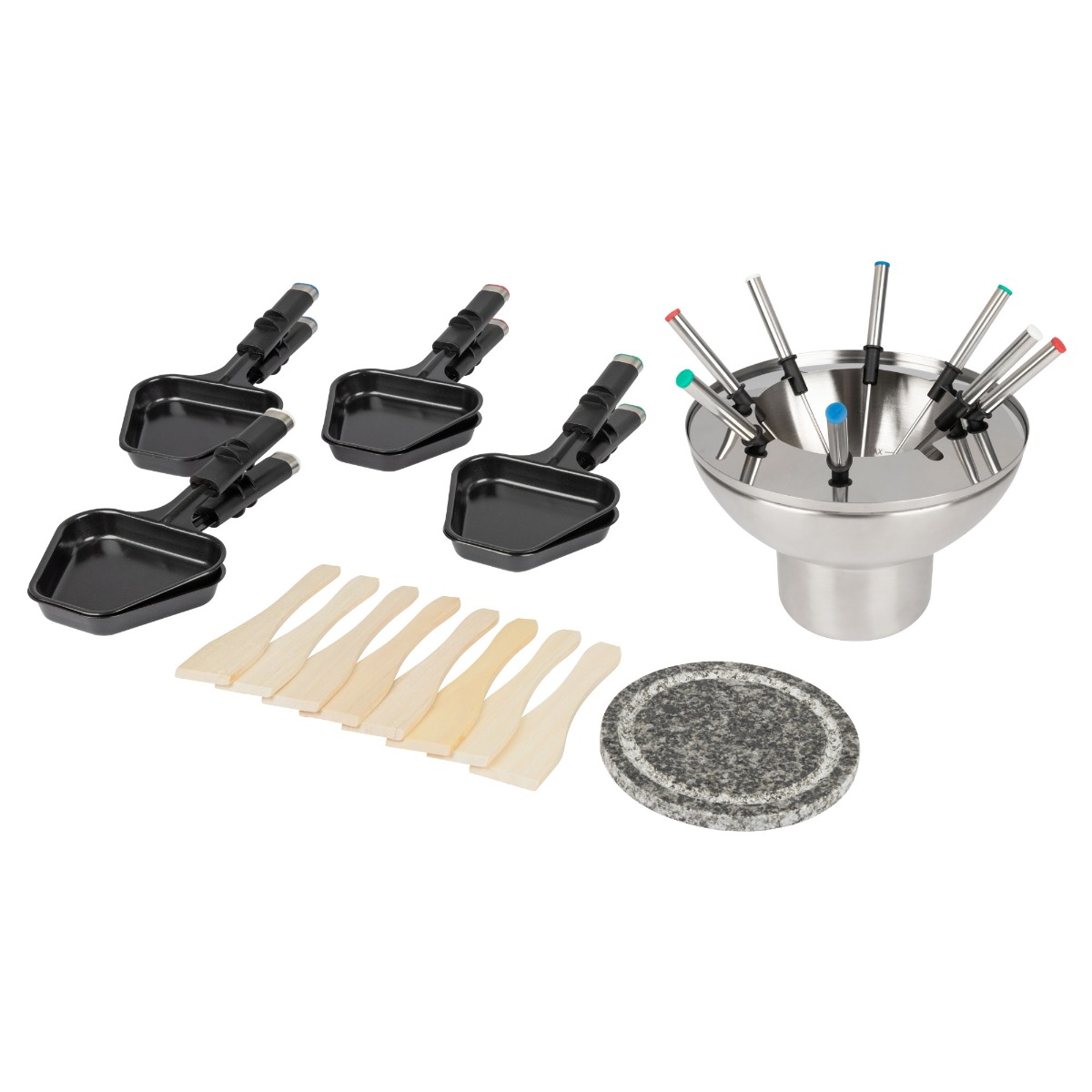 Raclette-Set mit Pfannen, Holzspateln, Fonduetopf und Steinplatte.