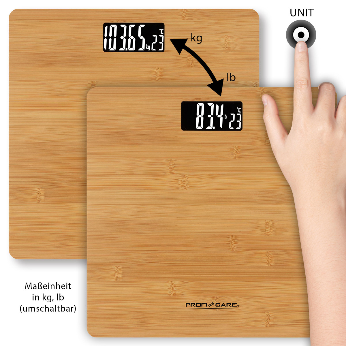 Dwie bambusowe wagi z wyświetlaczami cyfrowymi. Jedna pokazuje 103,65 kg, druga 834,23 funtów. Ręka naciska przycisk jednostki.