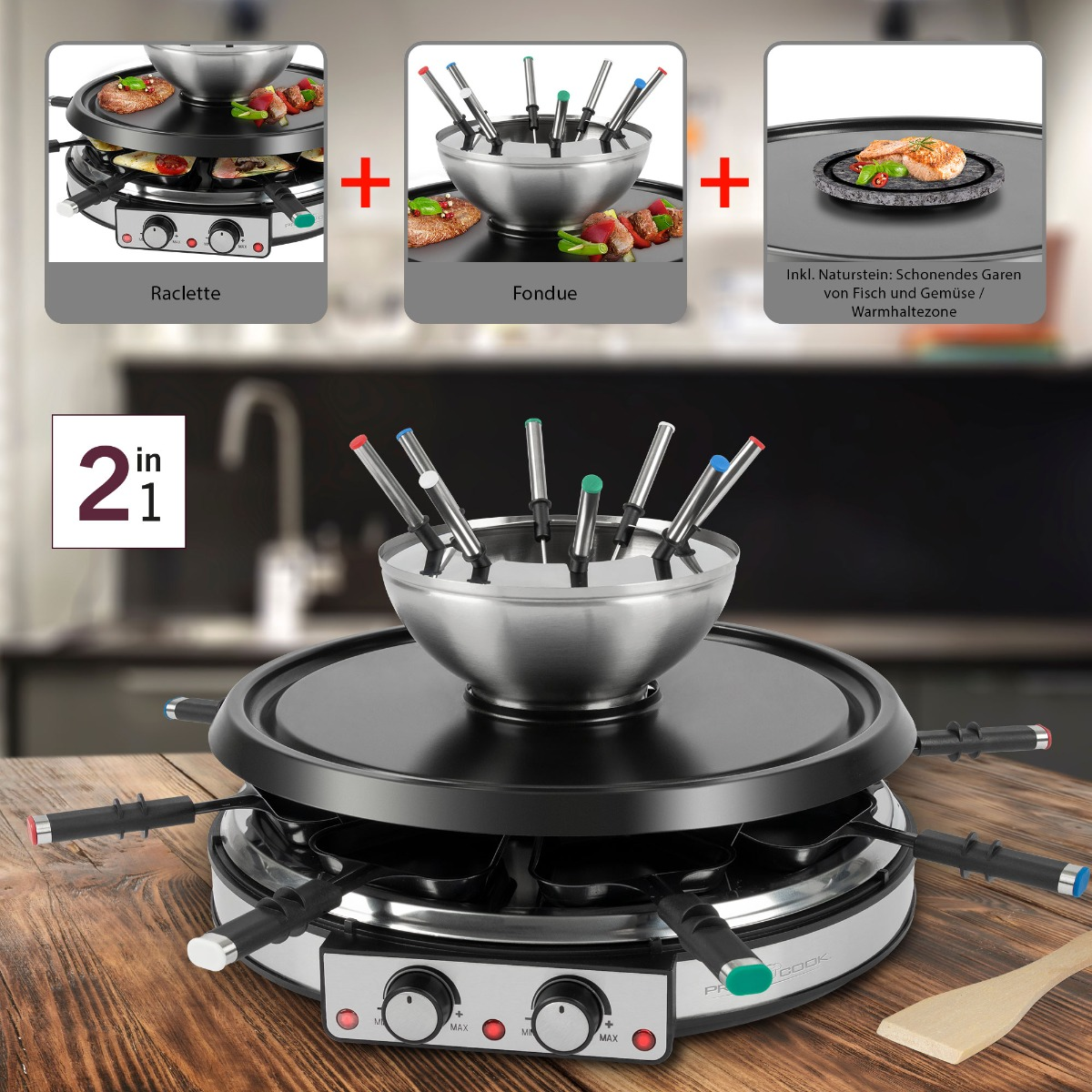 2-in-1 Raclette- und Fondue-Set. Enthält Raclette, Fondue und eine Kochoberfläche aus Stein.
