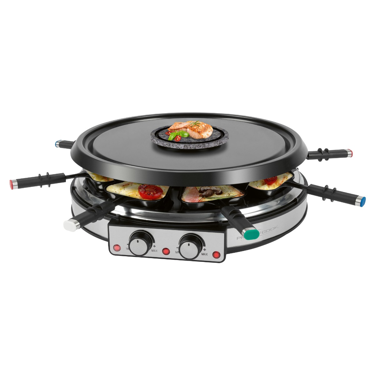 Raclette-Grill mit Essen. Schwarze Kochfläche und silberne Basis. Mit Knöpfen.