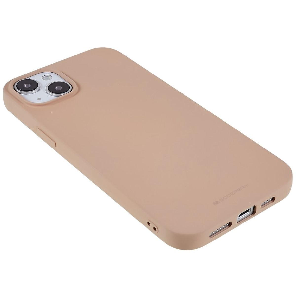 Beige Telefonhülle für ein Telefon mit zwei Kameras. Glatte Oberfläche, Knöpfe und Löcher.