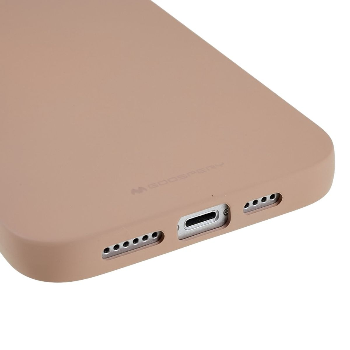 Nahaufnahme einer Handyhülle. Die Hülle ist beige und hat Aussparungen für Anschlüsse und Lautsprecher.