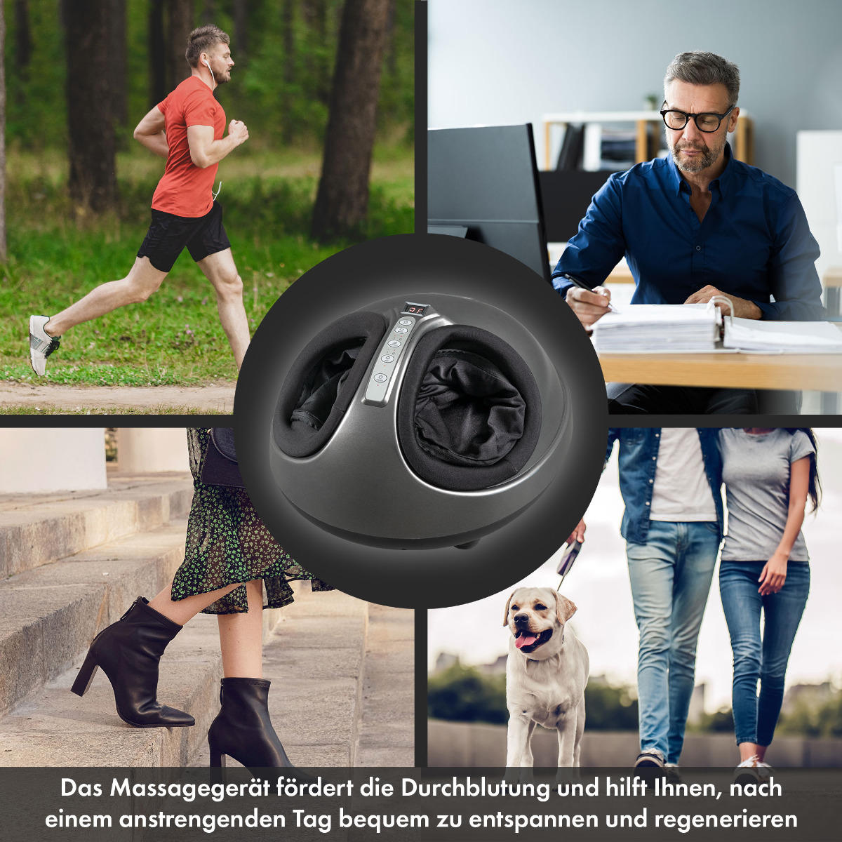 Kolaż przedstawiający mężczyznę biegnącego, mężczyznę pracującego, masażer do stóp i parę spacerującą z psem.