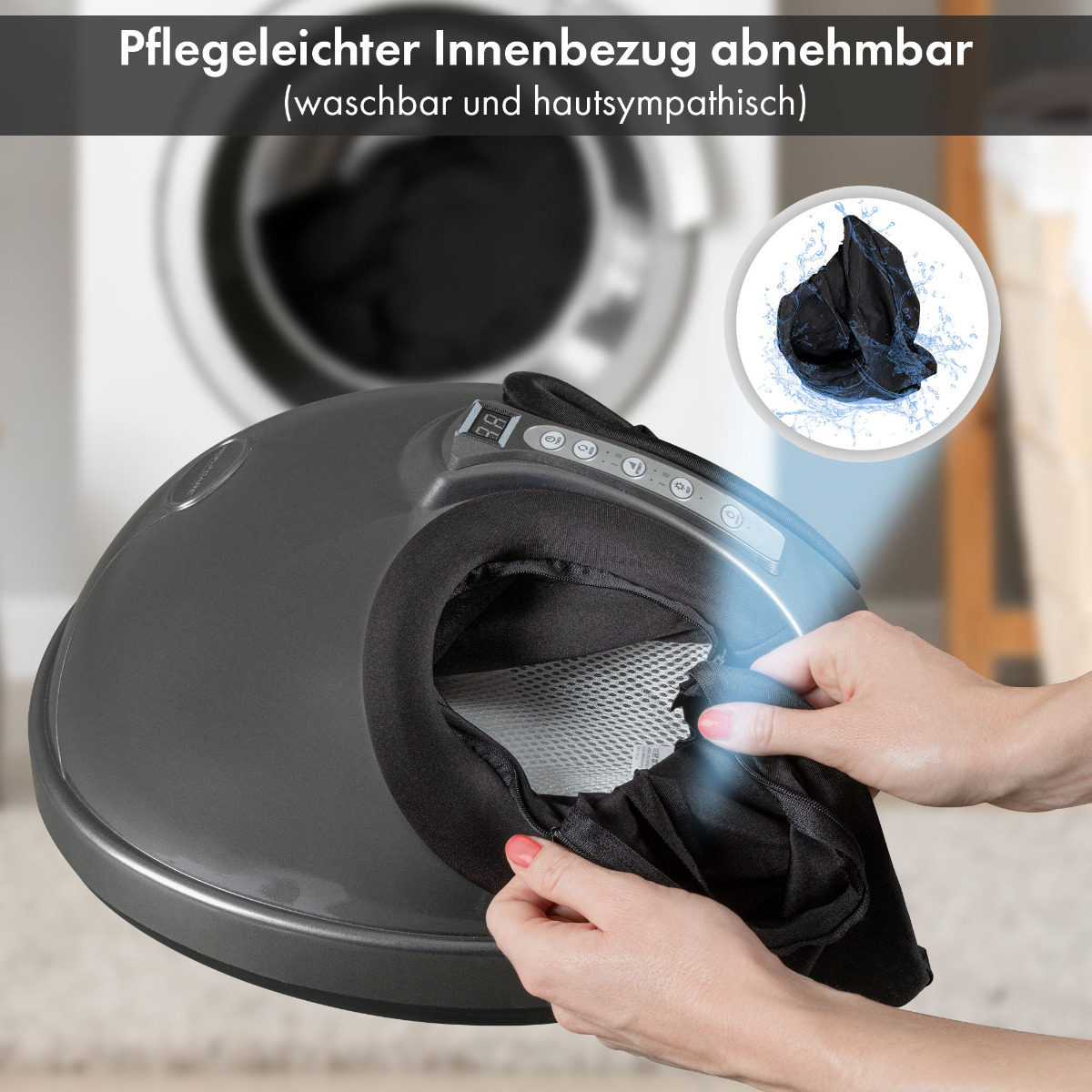 Kąpiel stóp z wyjmowaną, zmywalną, czarną wyściółką wewnętrzną, trzymaną przez dłonie.