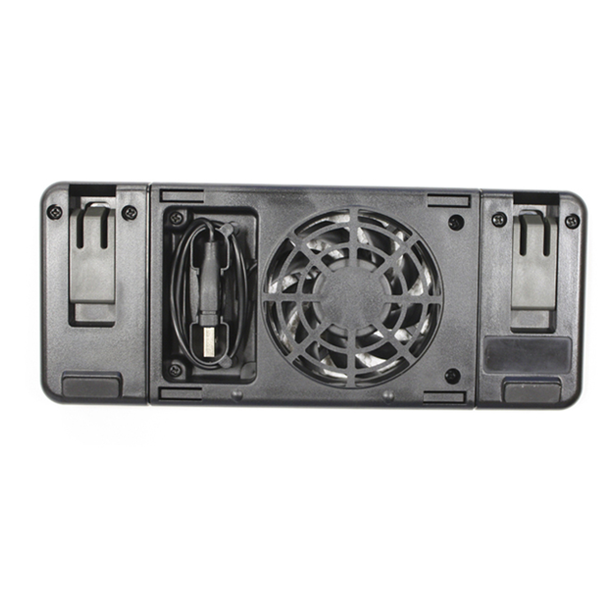Dispositivo rectangular negro con ventilador, puerto USB y dos clips.