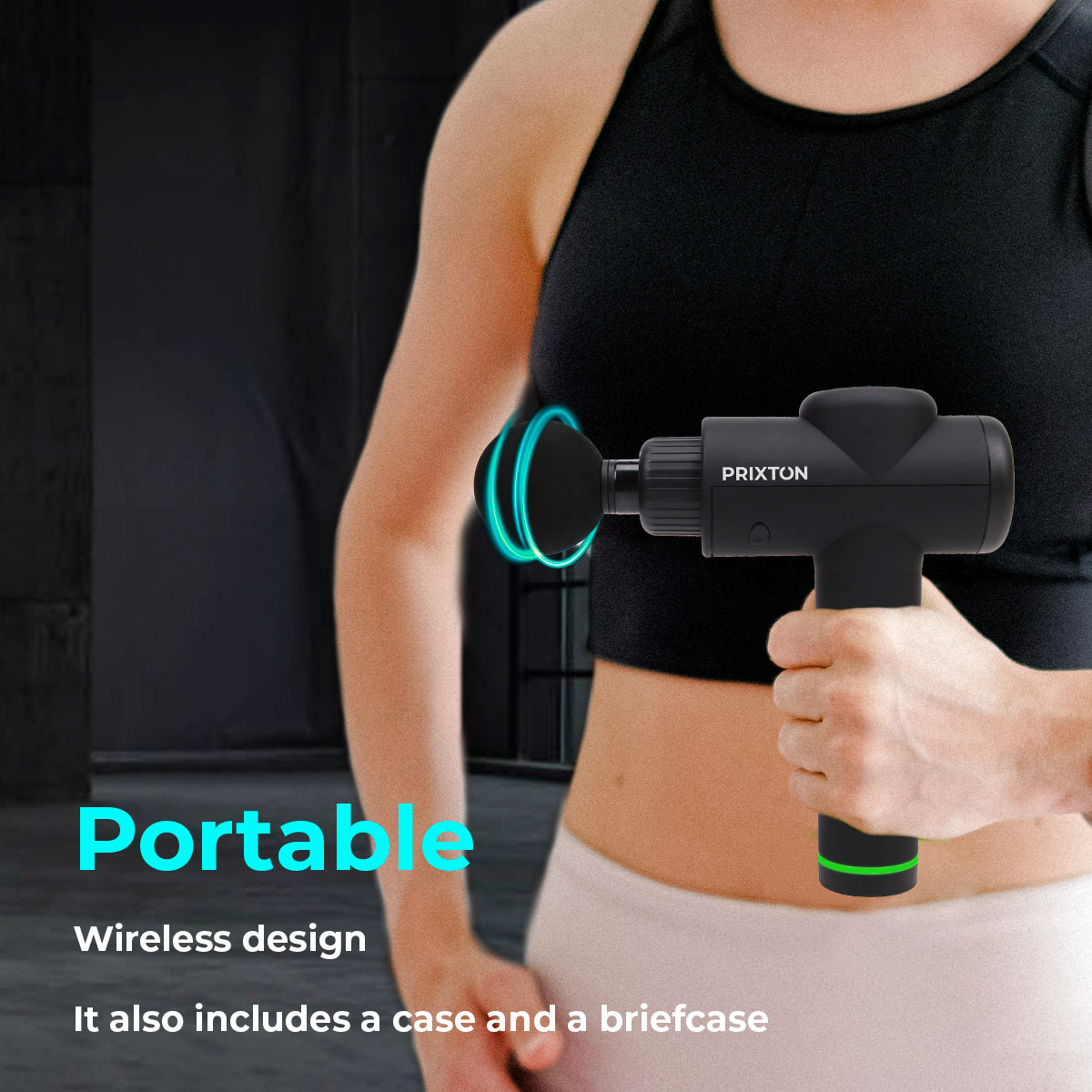 Kobieta używająca czarnego pistoletu do masażu.