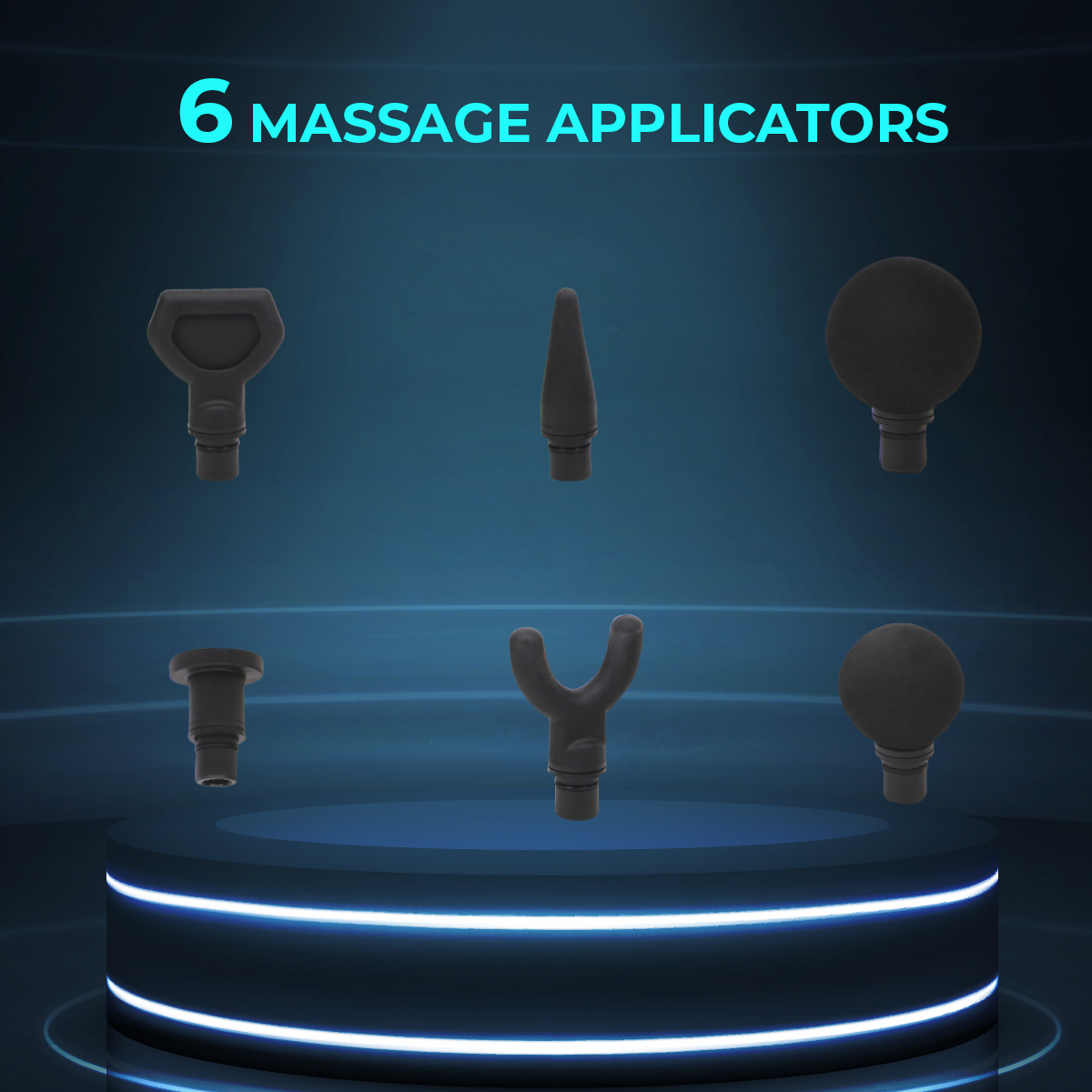Sześć czarnych aplikatorów do masażu na niebieskim, podświetlanym podium.