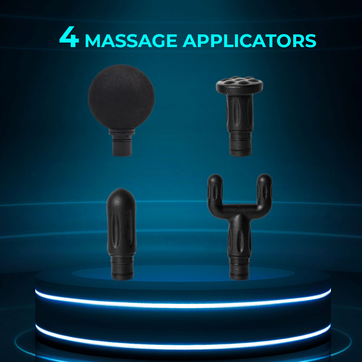 Cztery czarne aplikatory do masażu; kulka, kształt T, stożek i kształt widelca, na niebieskim gradiencie.