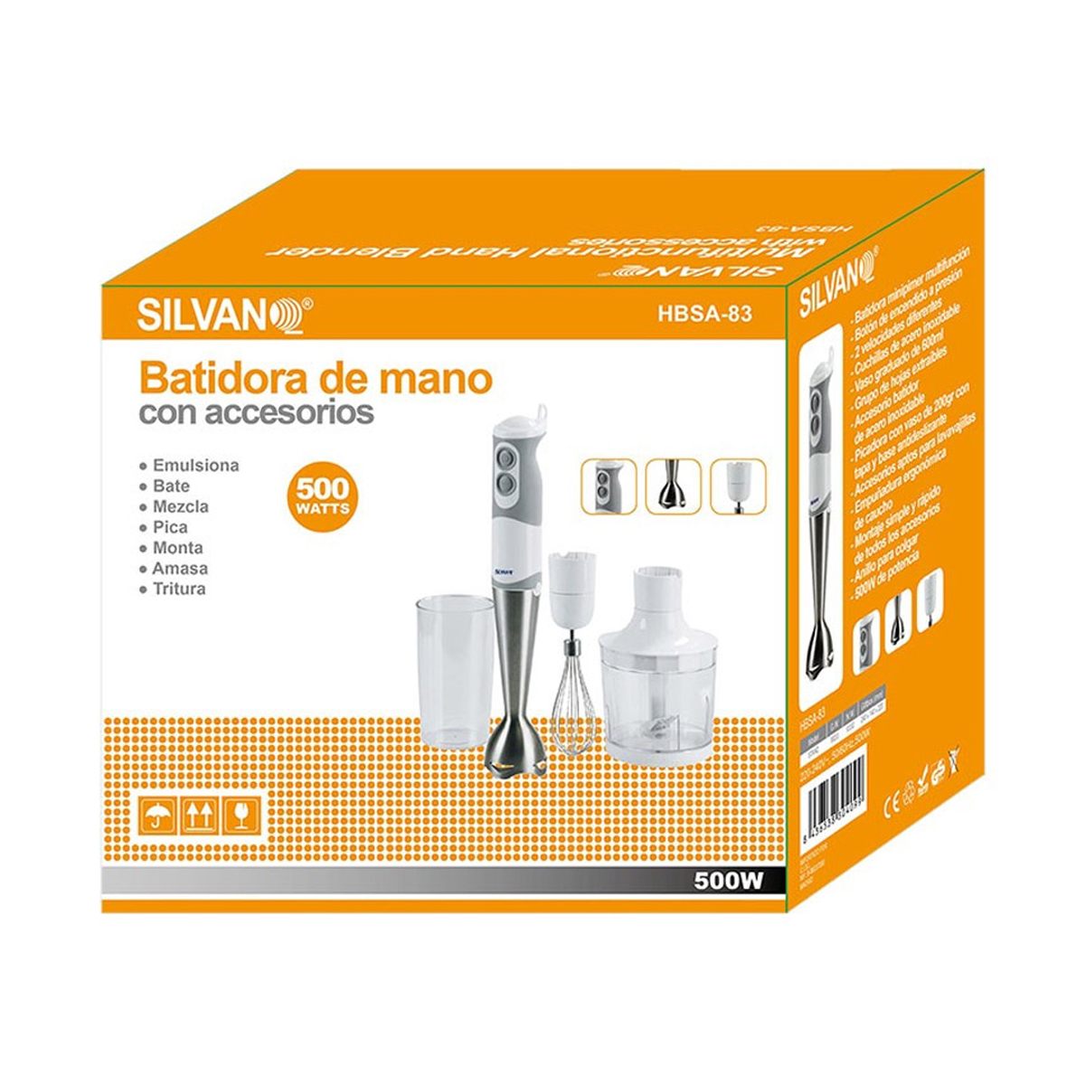 Caja de batidora de mano con accesorios. Muestra la batidora y accesorios.