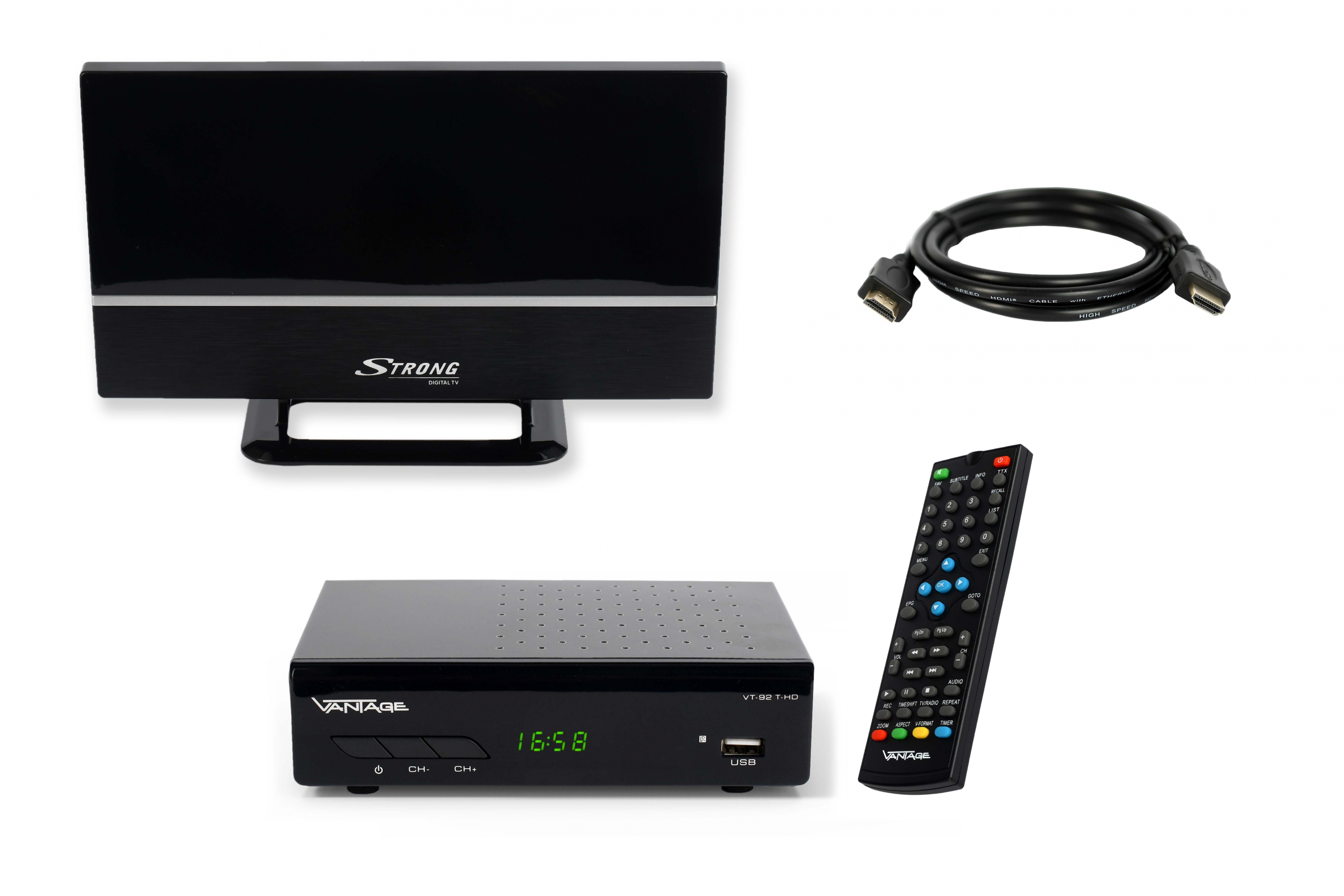 TV-Antenne, Receiverbox, HDMI-Kabel und Fernbedienung auf weißem Grund.
