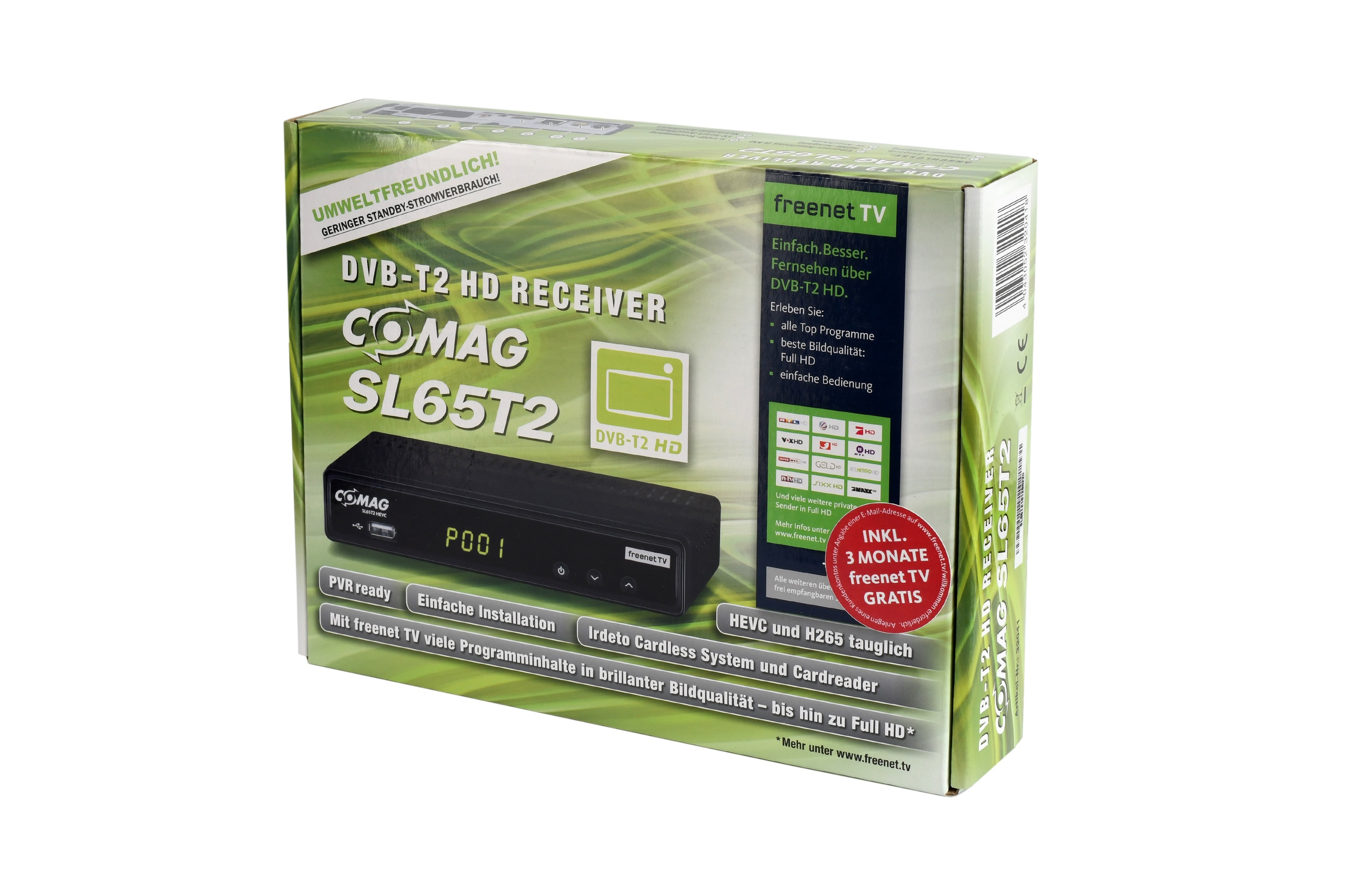 Verpackter DVB-T2 HD-Receiver mit Produktdetails, grünes und weißes Design.