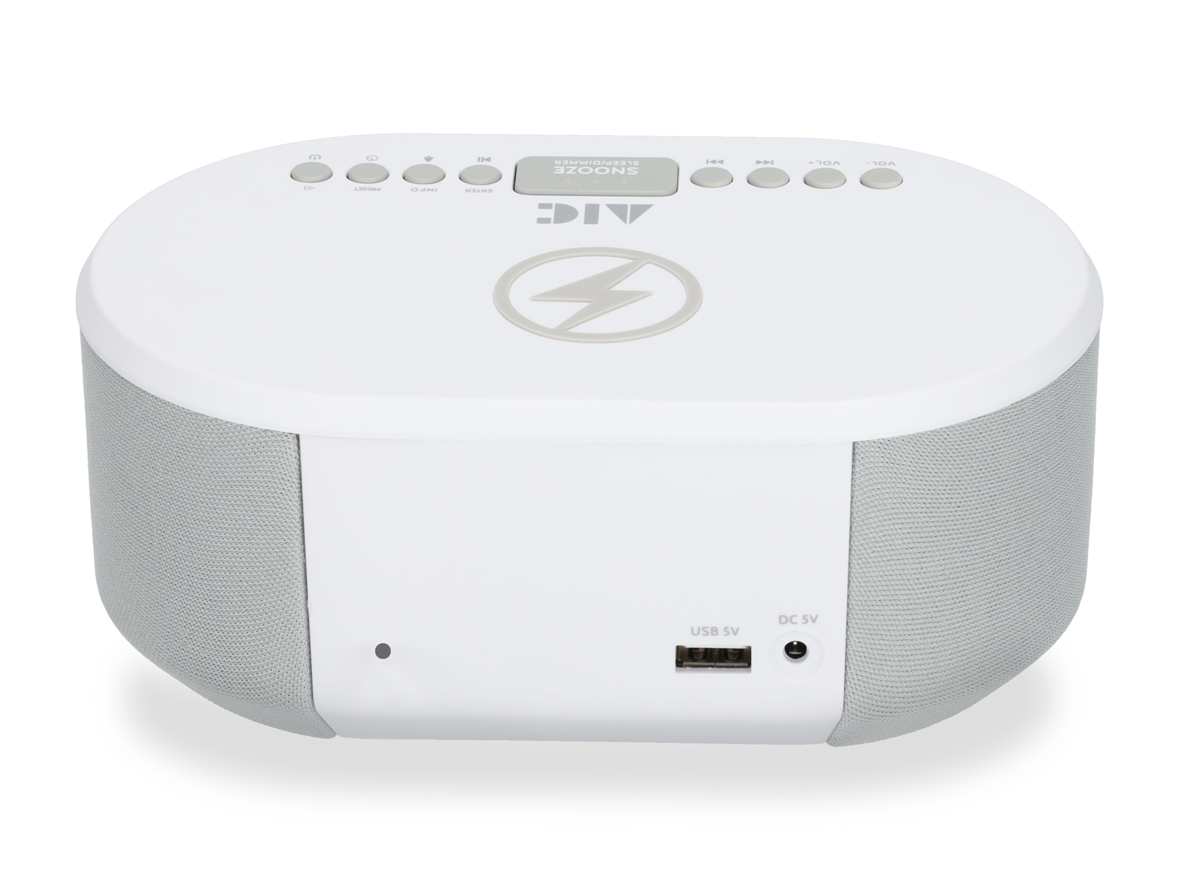 Weißer, ovaler Lautsprecher mit Knöpfen oben, schwarzem Logo und USB/DC-Anschlüssen hinten.