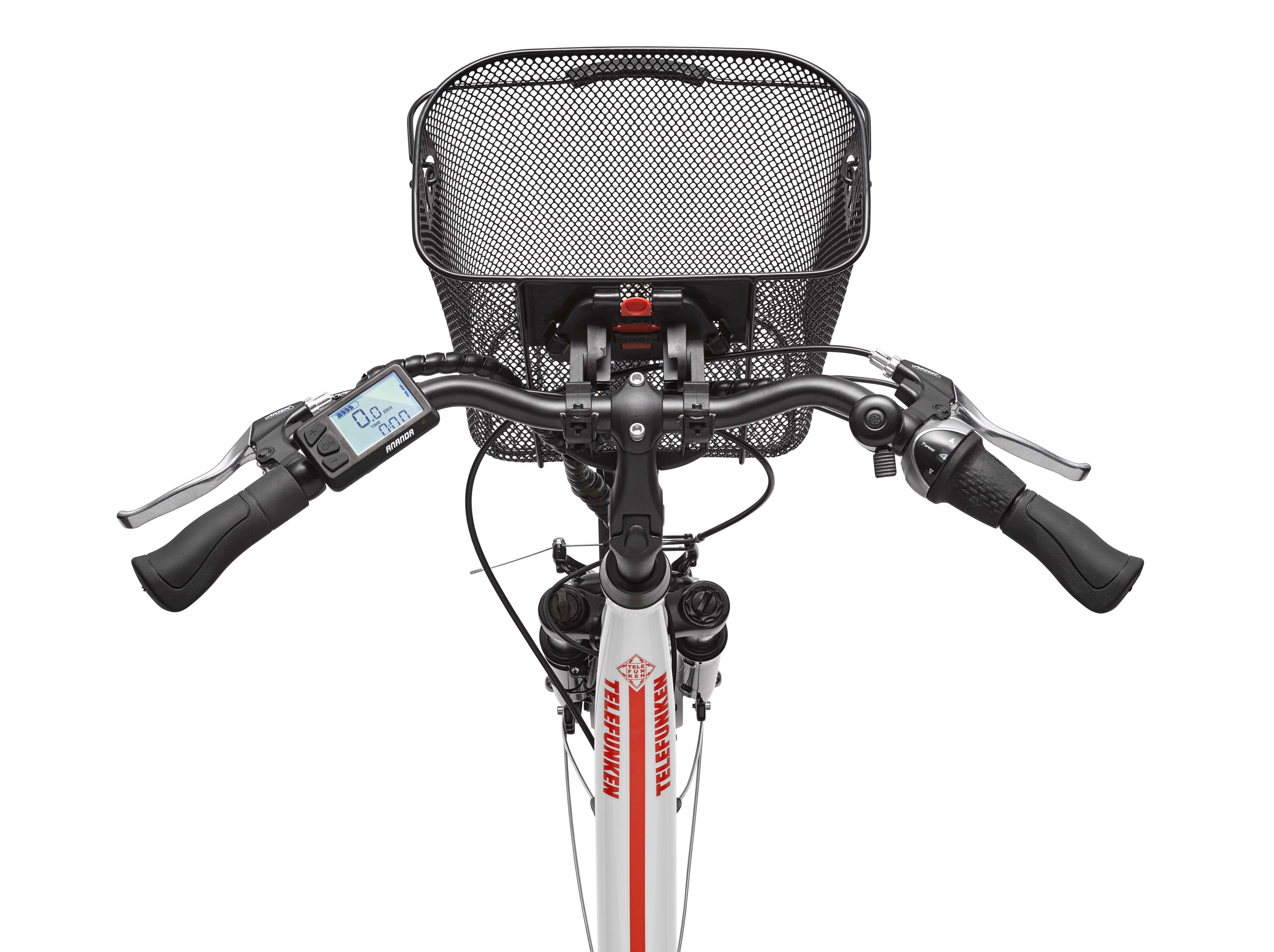 Ein Fahrradlenker mit Korb, Display und Bedienelementen. Das Fahrrad ist weiß und rot.