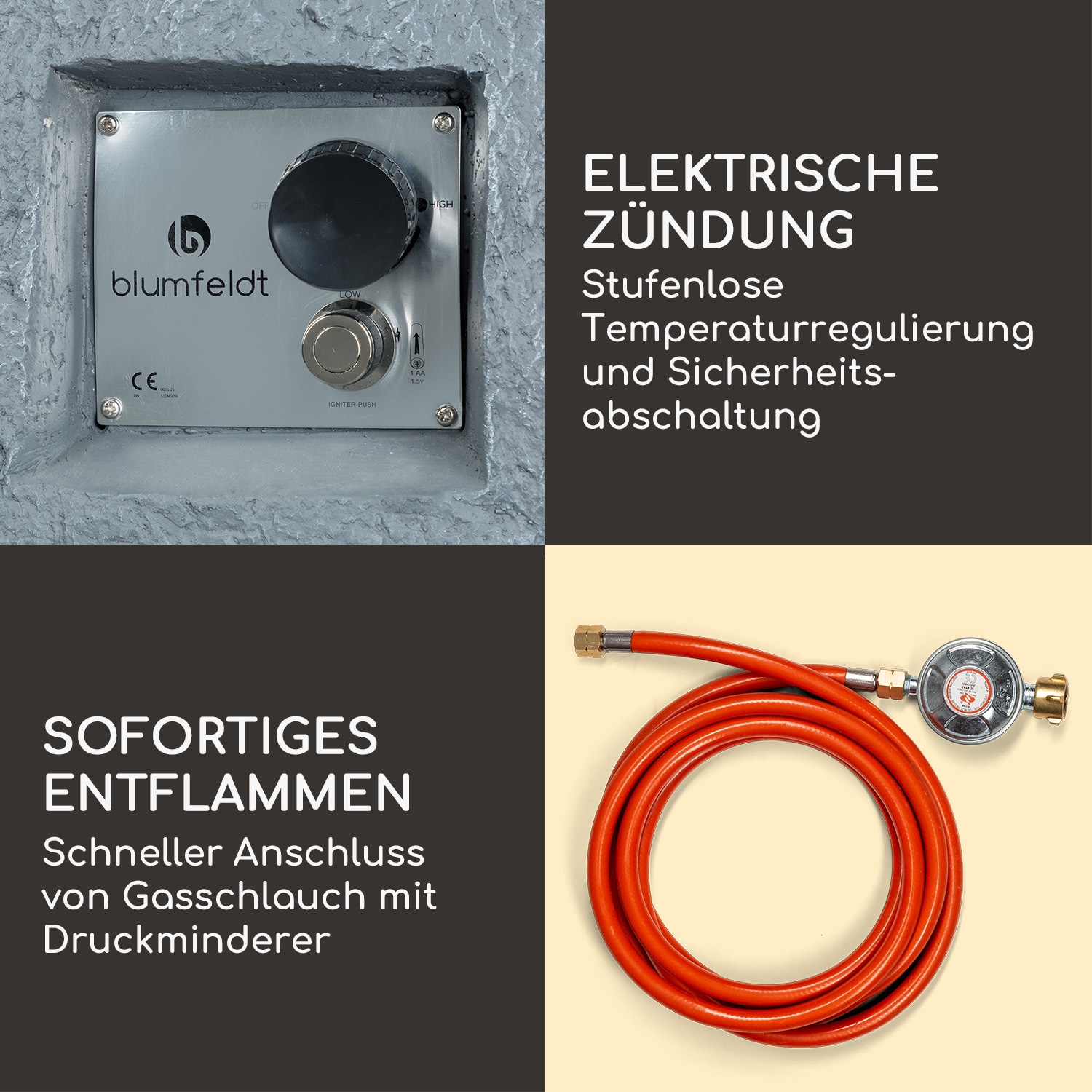 Nahaufnahme eines Gasgeräte-Bedienfelds und eines roten Gasschlauchs mit Regler.