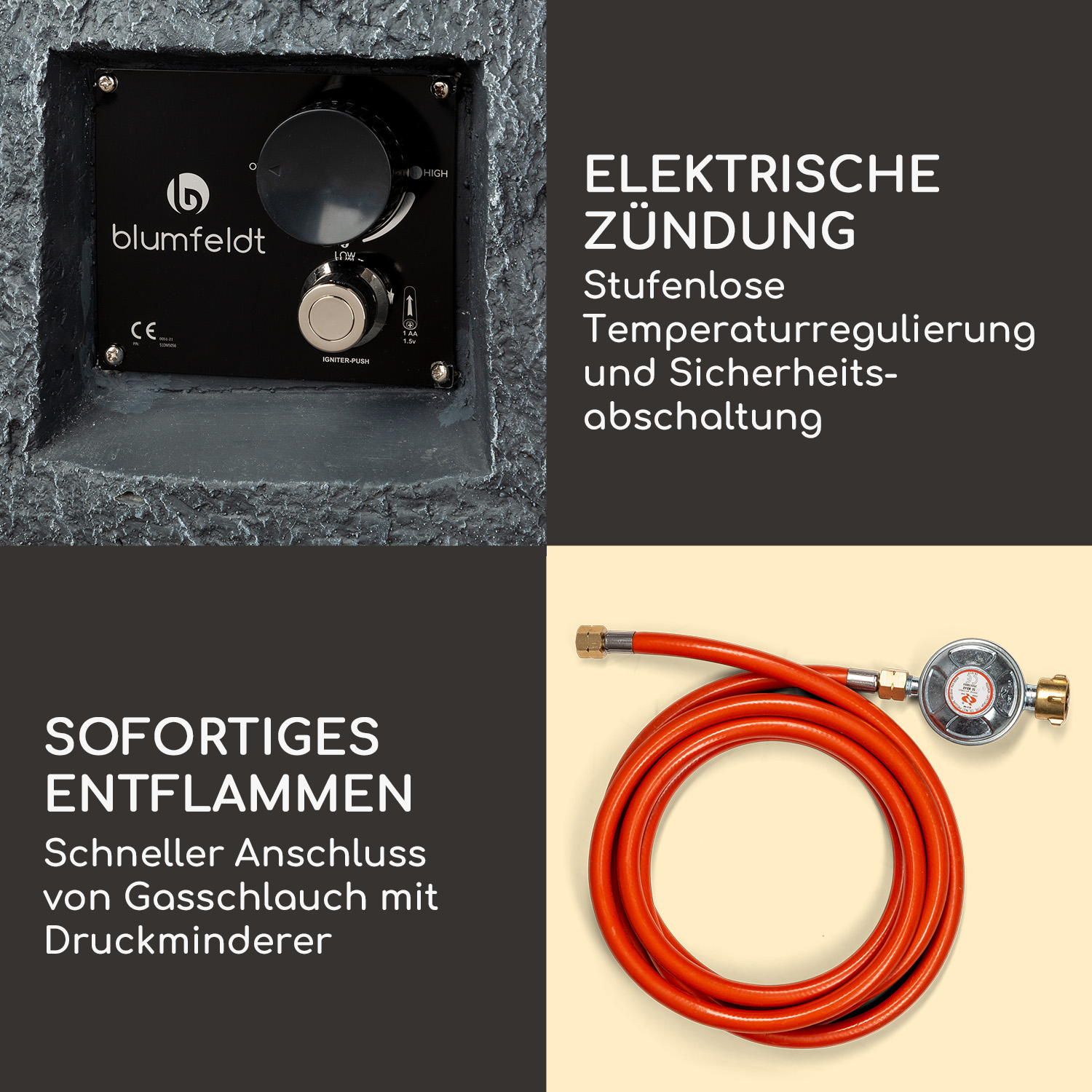 Nahaufnahme eines Geräts und Schlauchs mit Text. Das Gerät hat einen Knopf und der Schlauch ist orange. Hintergrund ist grau.