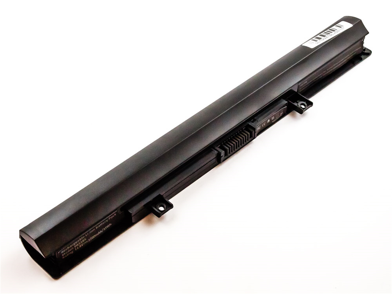 Schwarzer Laptop-Akku. Der Akku ist rechteckig, mit sichtbaren Etiketten und Anschlüssen.