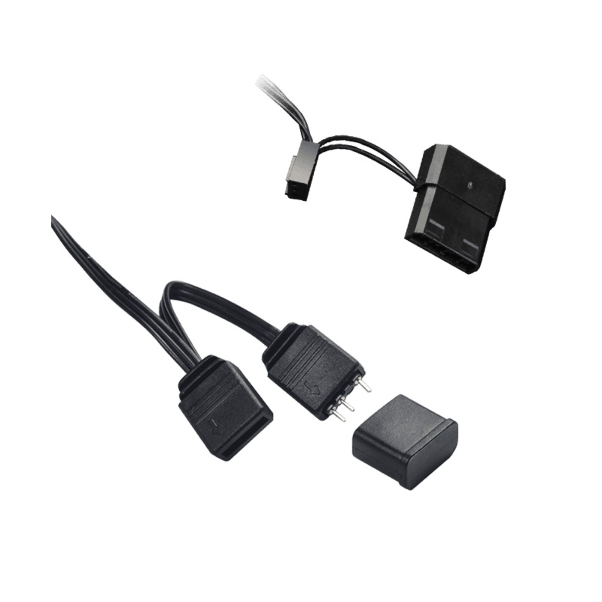 Conectores de cable negros para componentes de computadora, dispuestos sobre un fondo blanco.