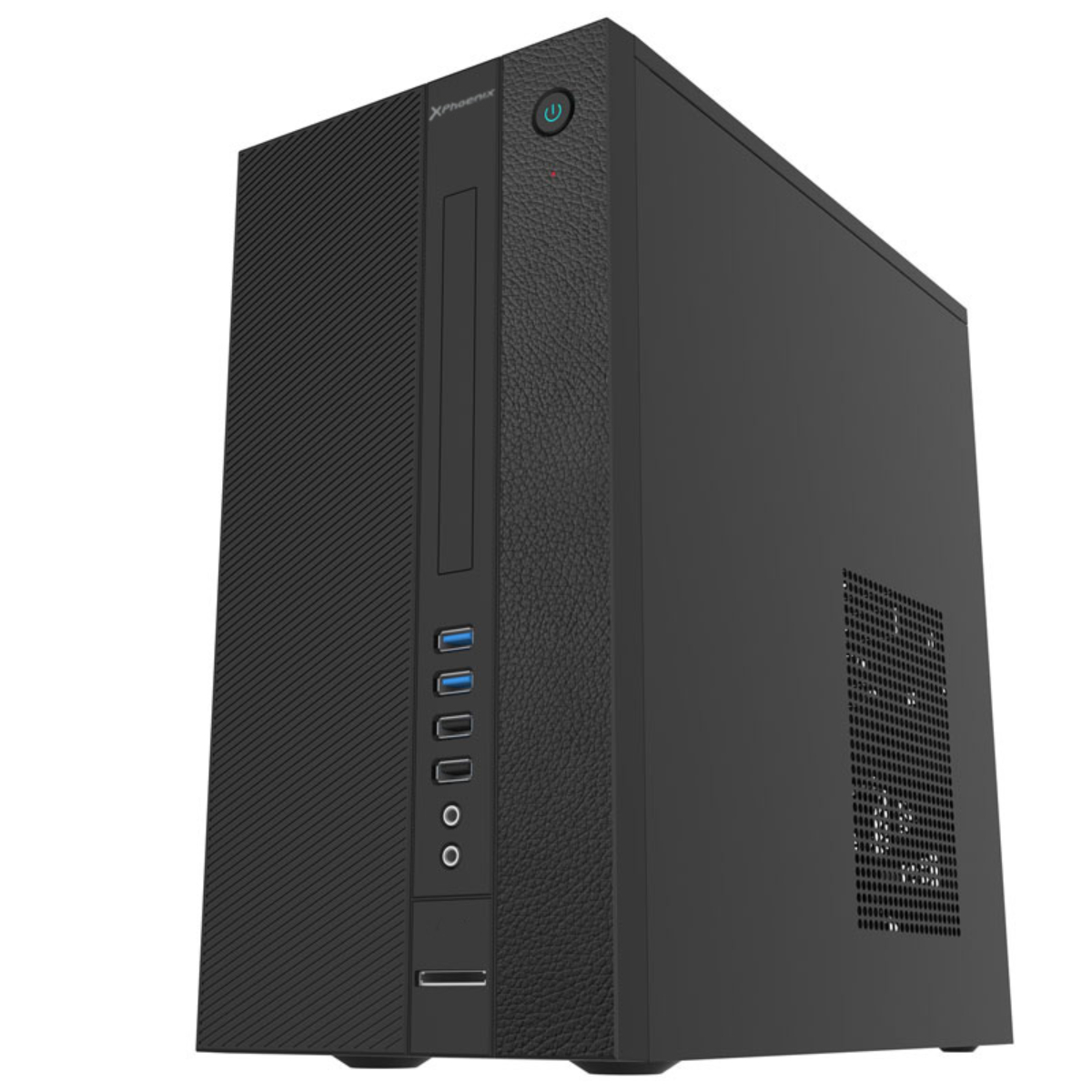 Case per computer nero con porte anteriori, pulsante di accensione e ventilazione laterale.