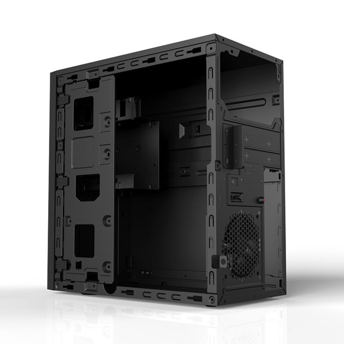 Un case per computer nero vuoto. È aperto e mostra la struttura interna e i punti di montaggio.