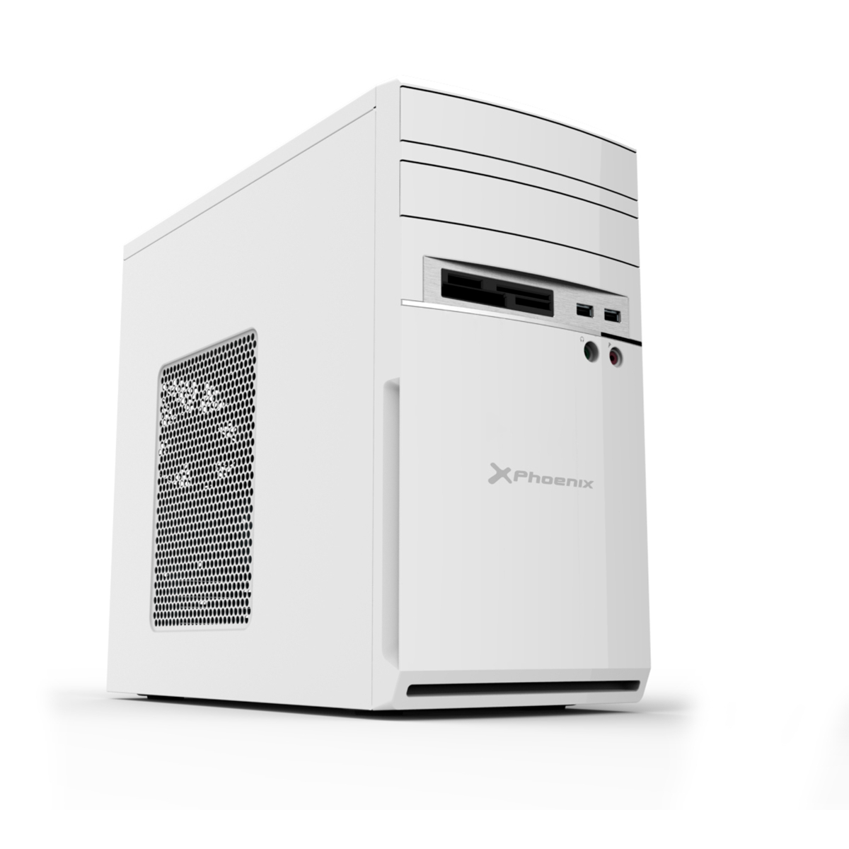 Case per computer bianco con logo XPhoenix. Si tratta di un case per computer standard.